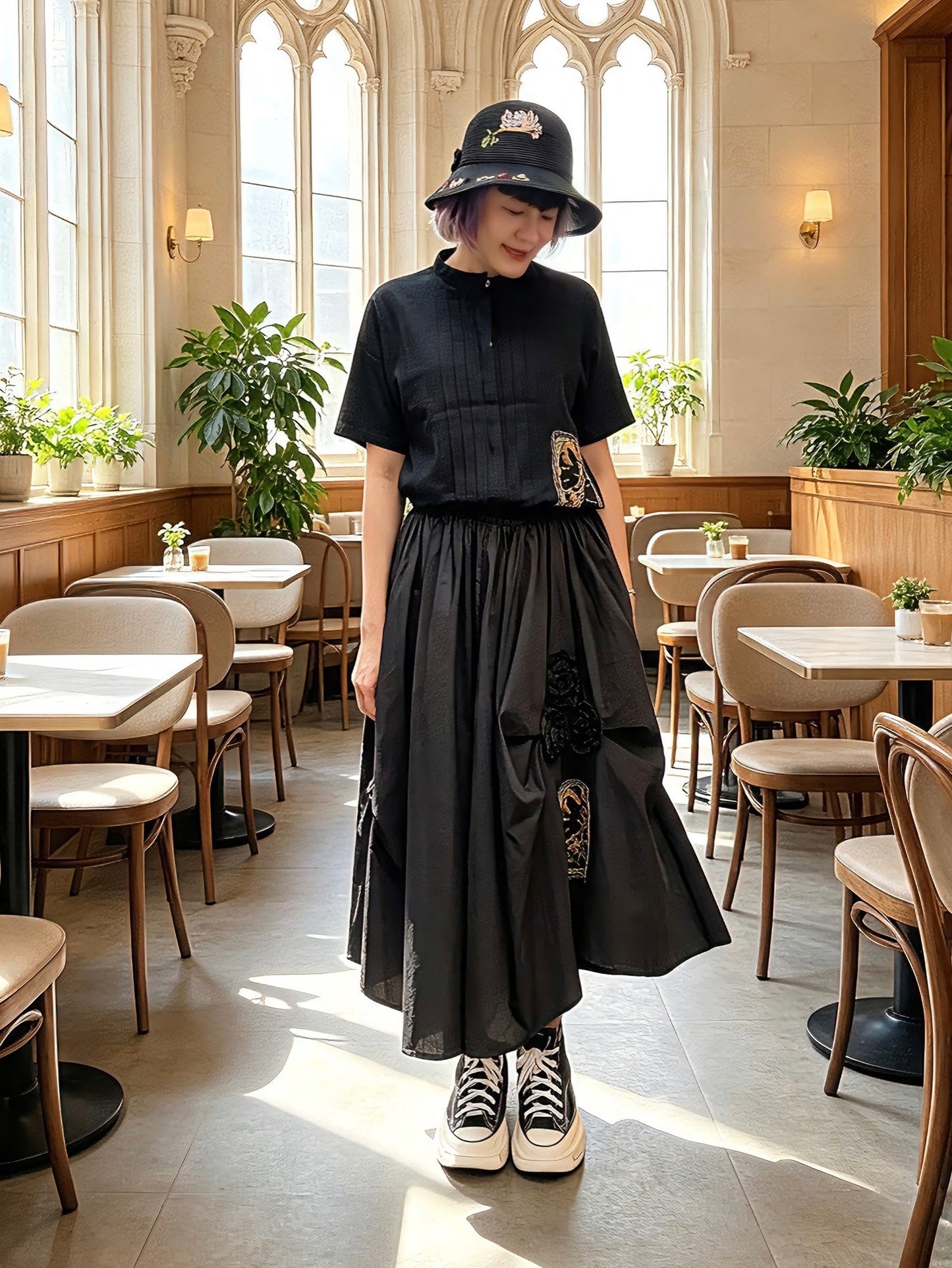 Hugging cat hand embroidery midi skirt