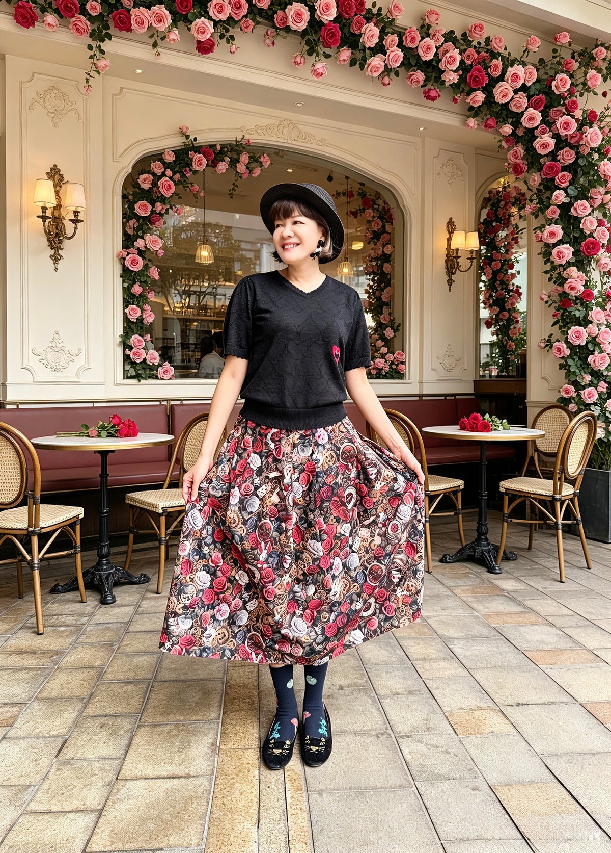 Cotton lurex pointelle cat embroidery sweater