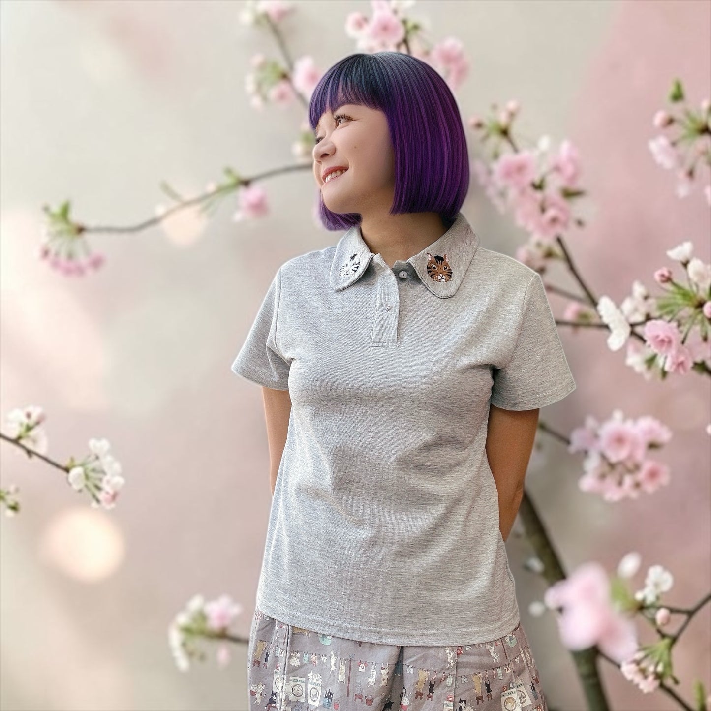 Cat beading and embroidery polo shirt