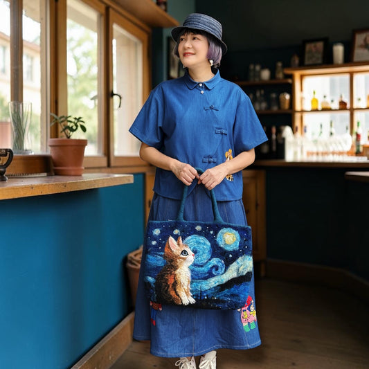 Cowboy cat embroidery denim Curved hem and placket loose fit top