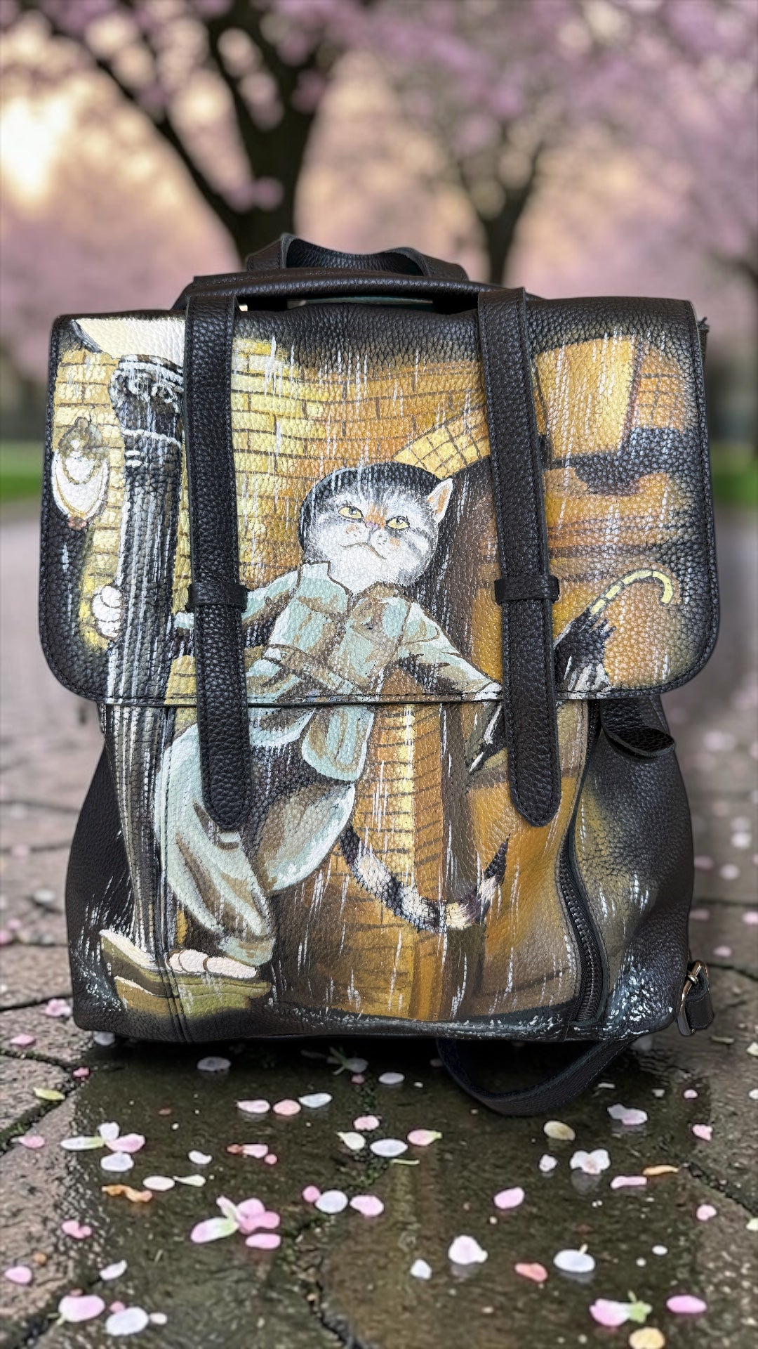 Cat under rainy days hand painted backpack/ bag