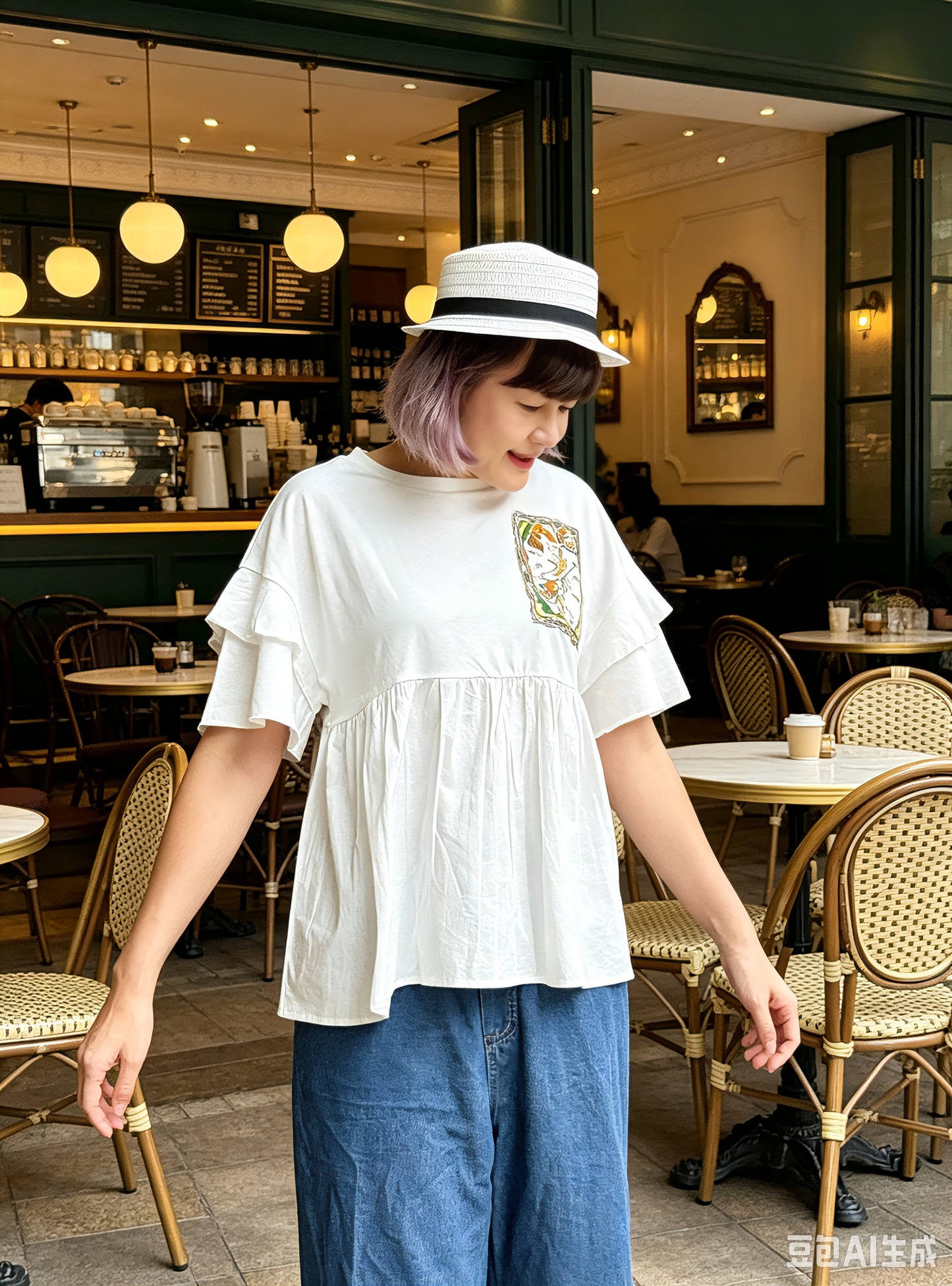Folk art cat Hand embroidery top
