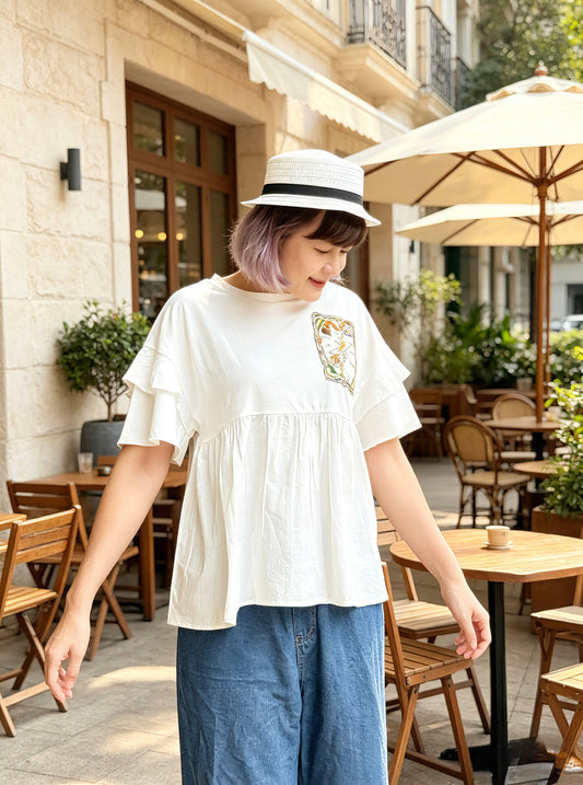 Folk art cat Hand embroidery top