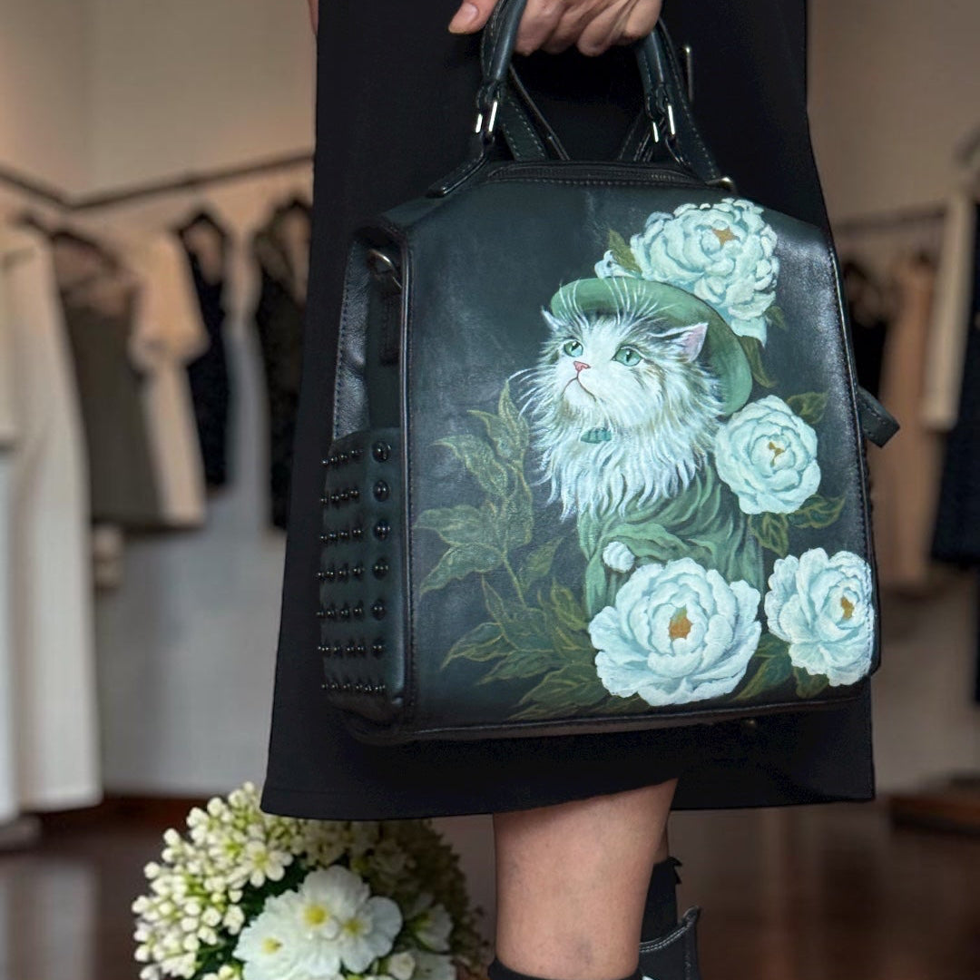 Hand painted cats and flowers leather bag