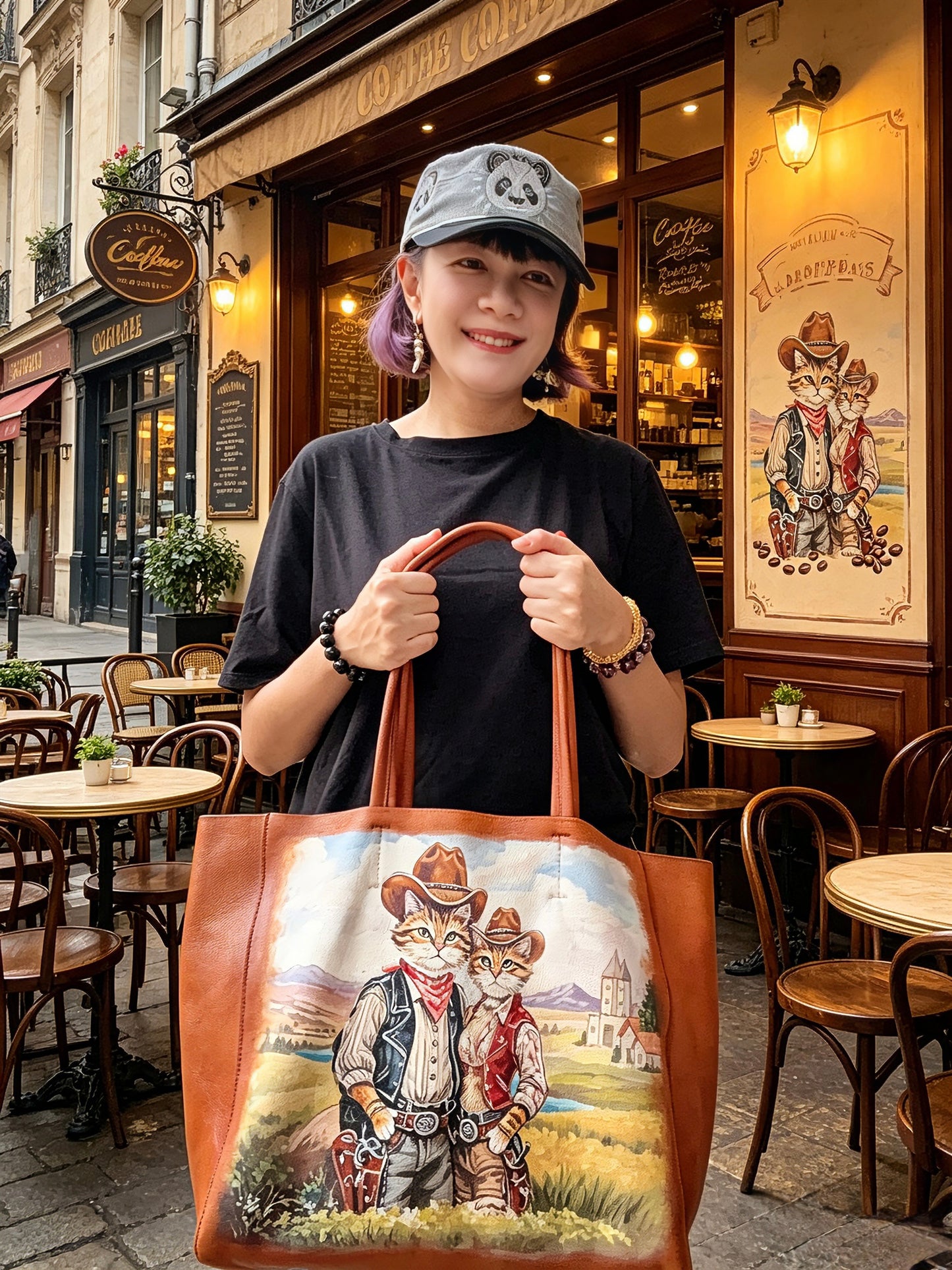 Cowboy cat hand painted leather bag