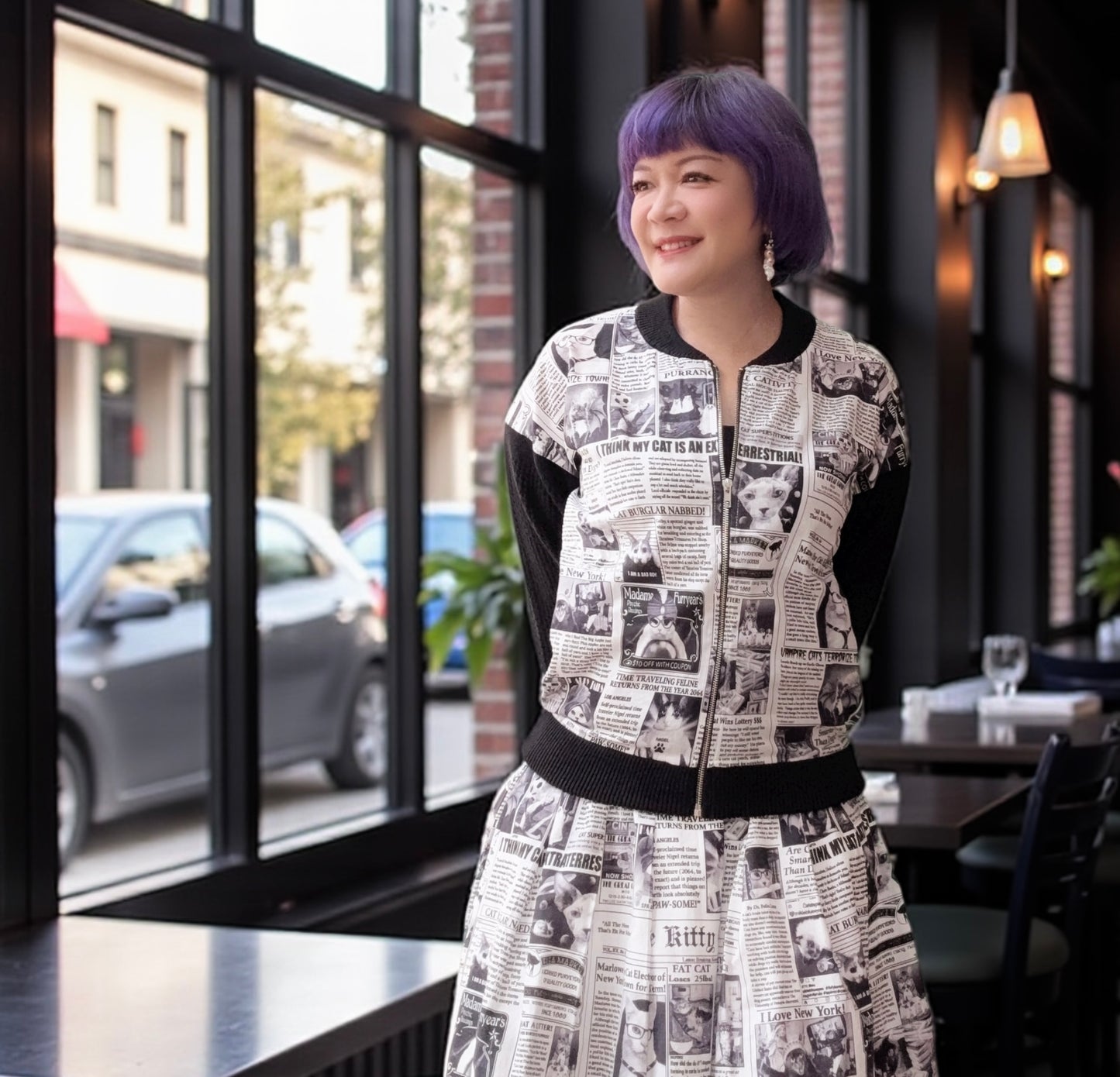 Cat newspaper and pointelle cardigan