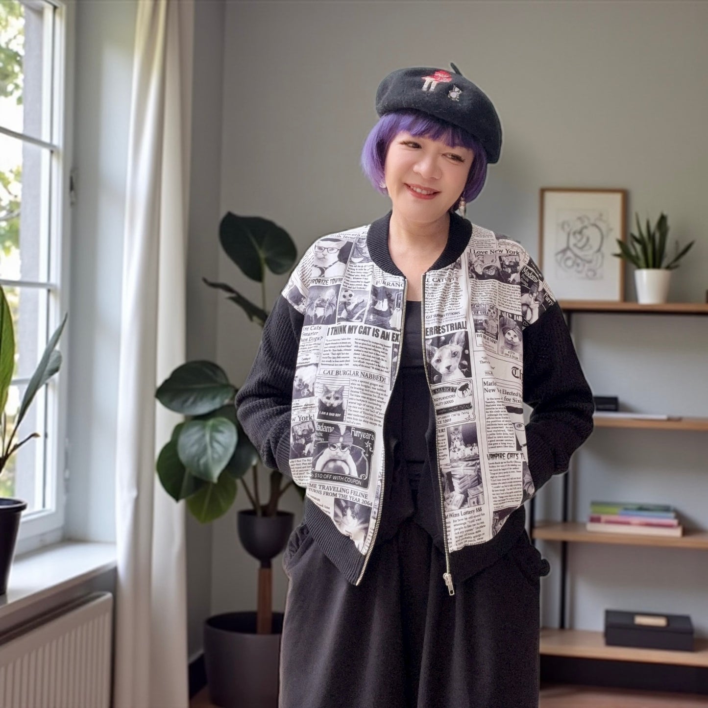 Cat newspaper and pointelle cardigan