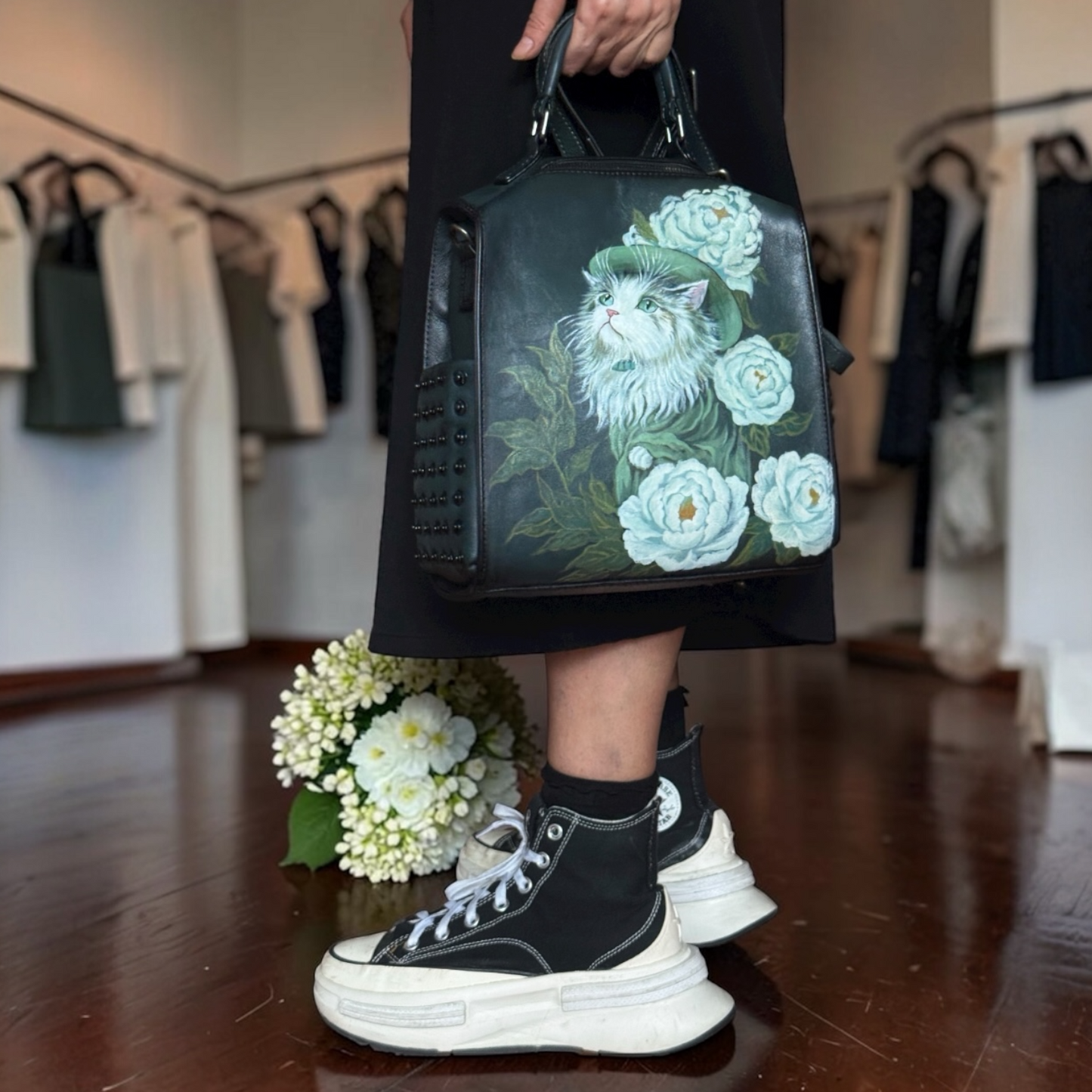 Hand painted cats and flowers leather bag