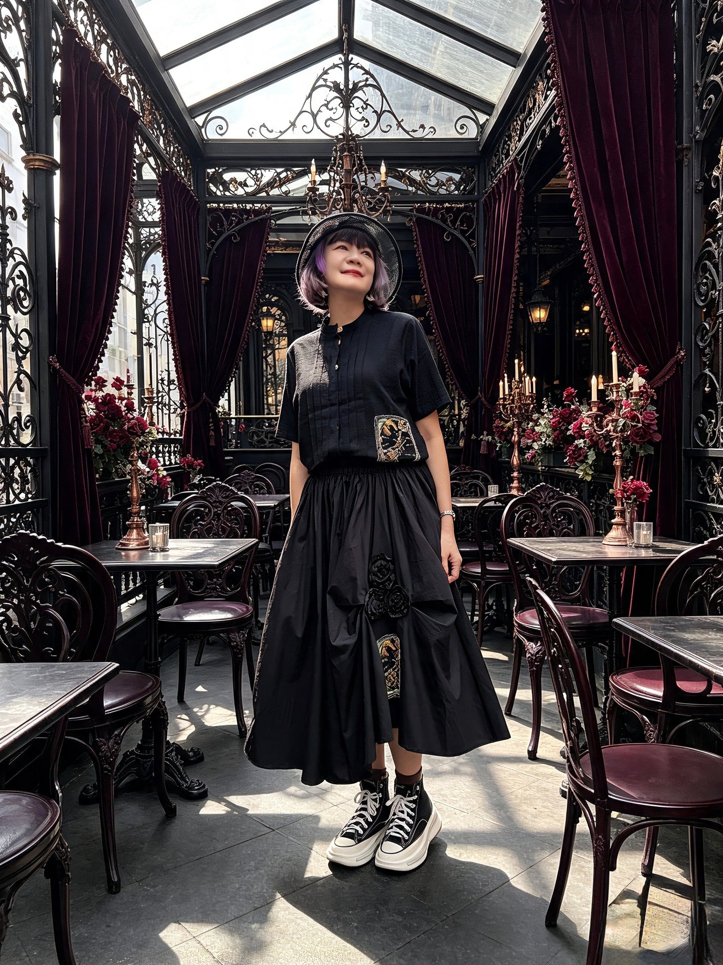 Hugging cat hand embroidery midi skirt
