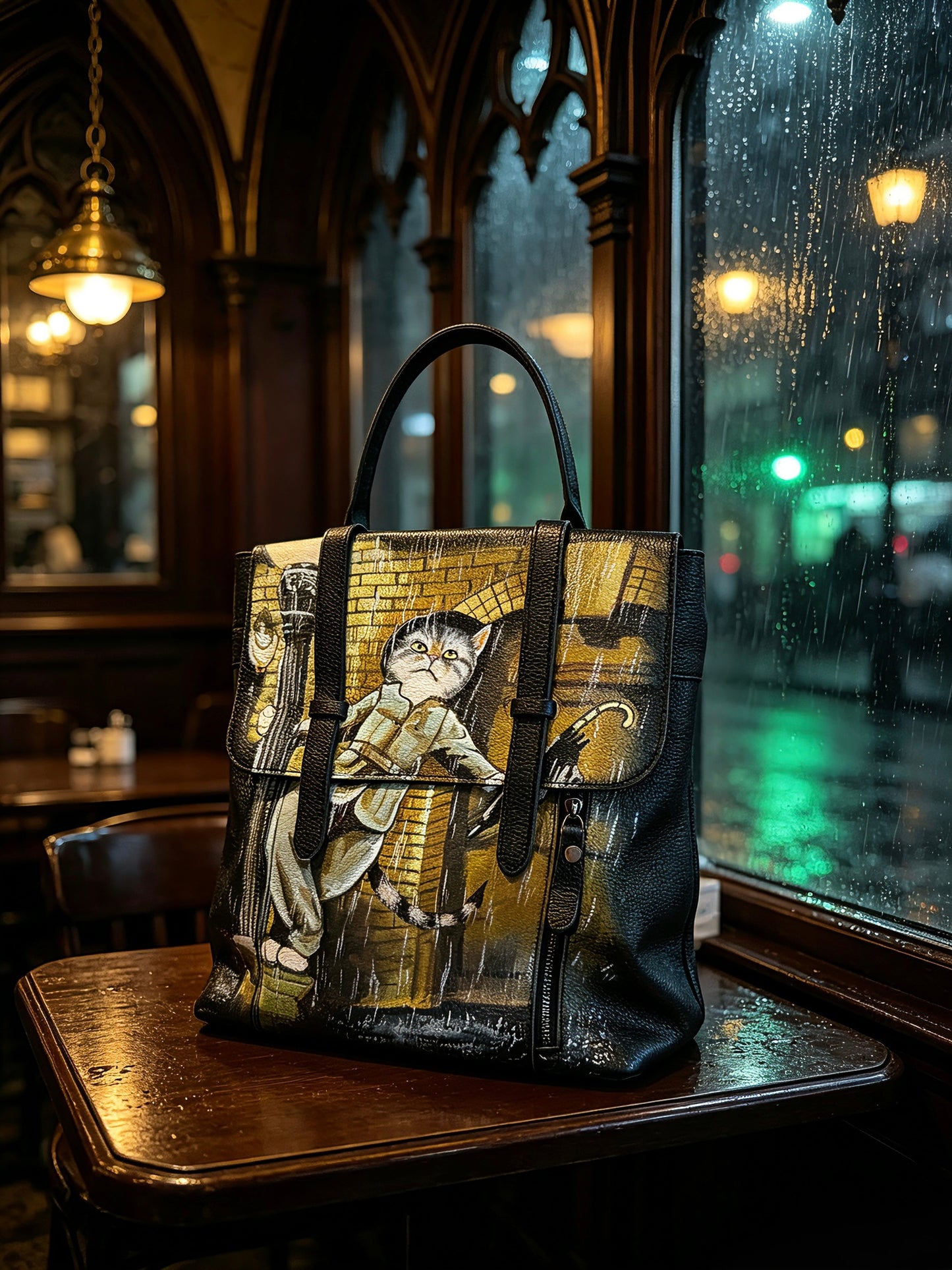Cat under rainy days hand painted backpack/ bag