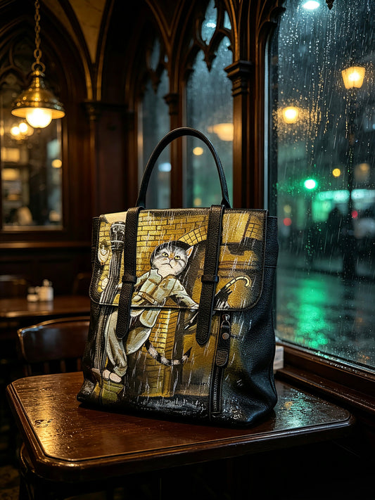 Cat under rainy days hand painted backpack/ bag