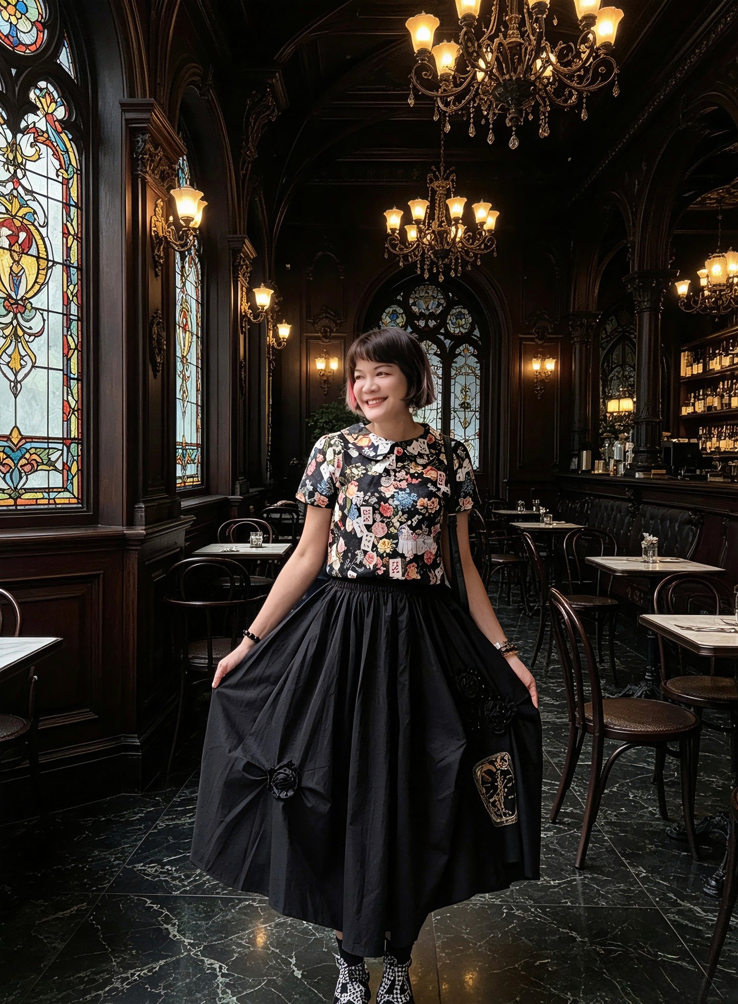 Hugging cat hand embroidery midi skirt