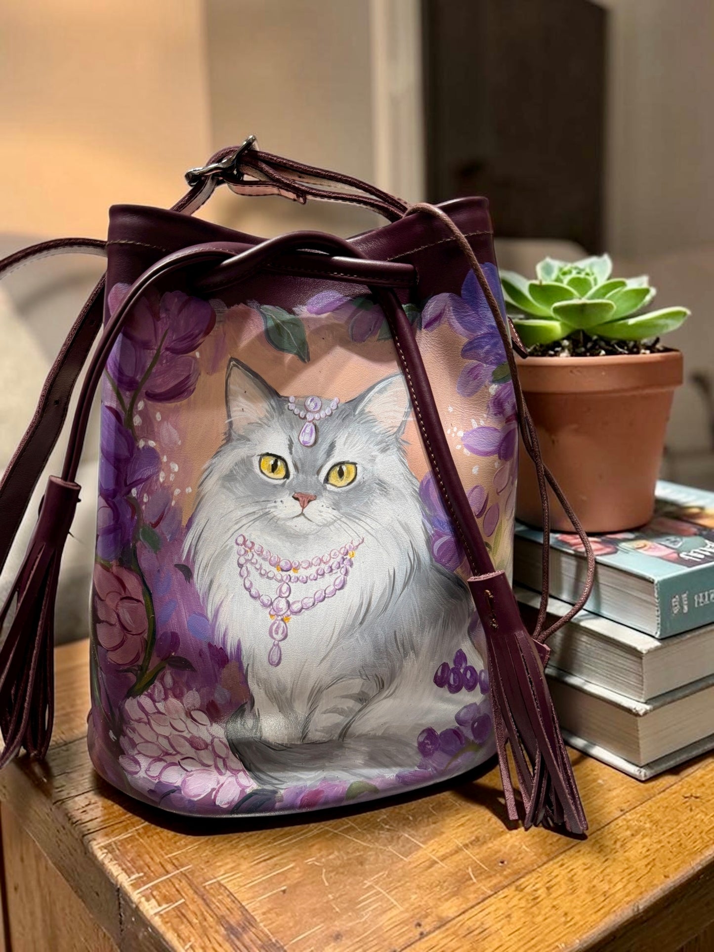 Purple cat flowers and cat leather bag