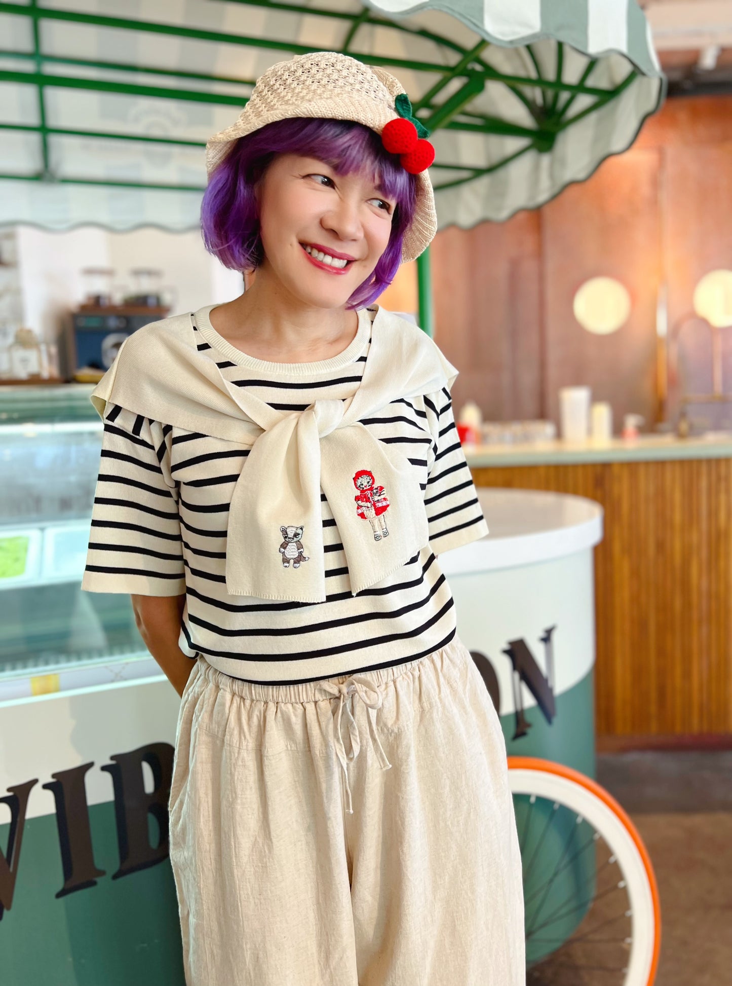 Sailor stripe and cat little red riding hood top