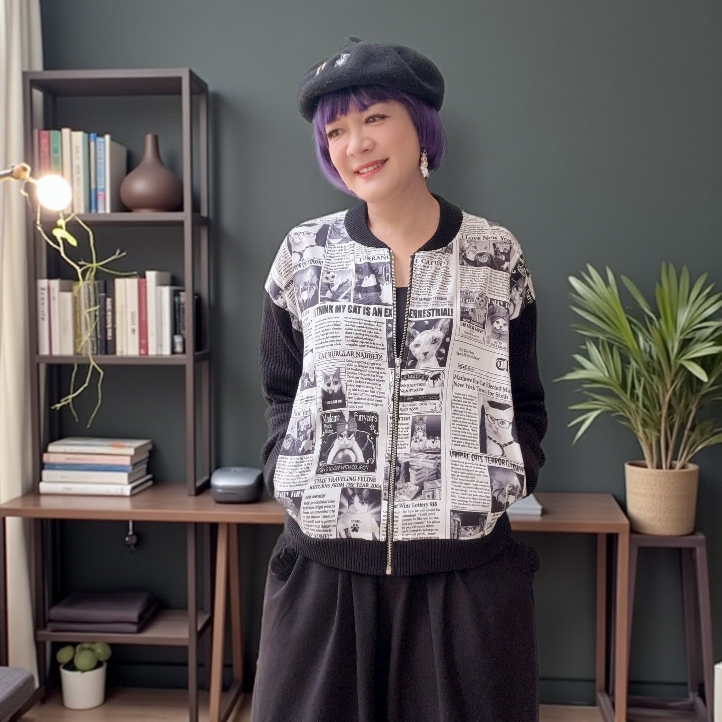 Cat newspaper and pointelle cardigan