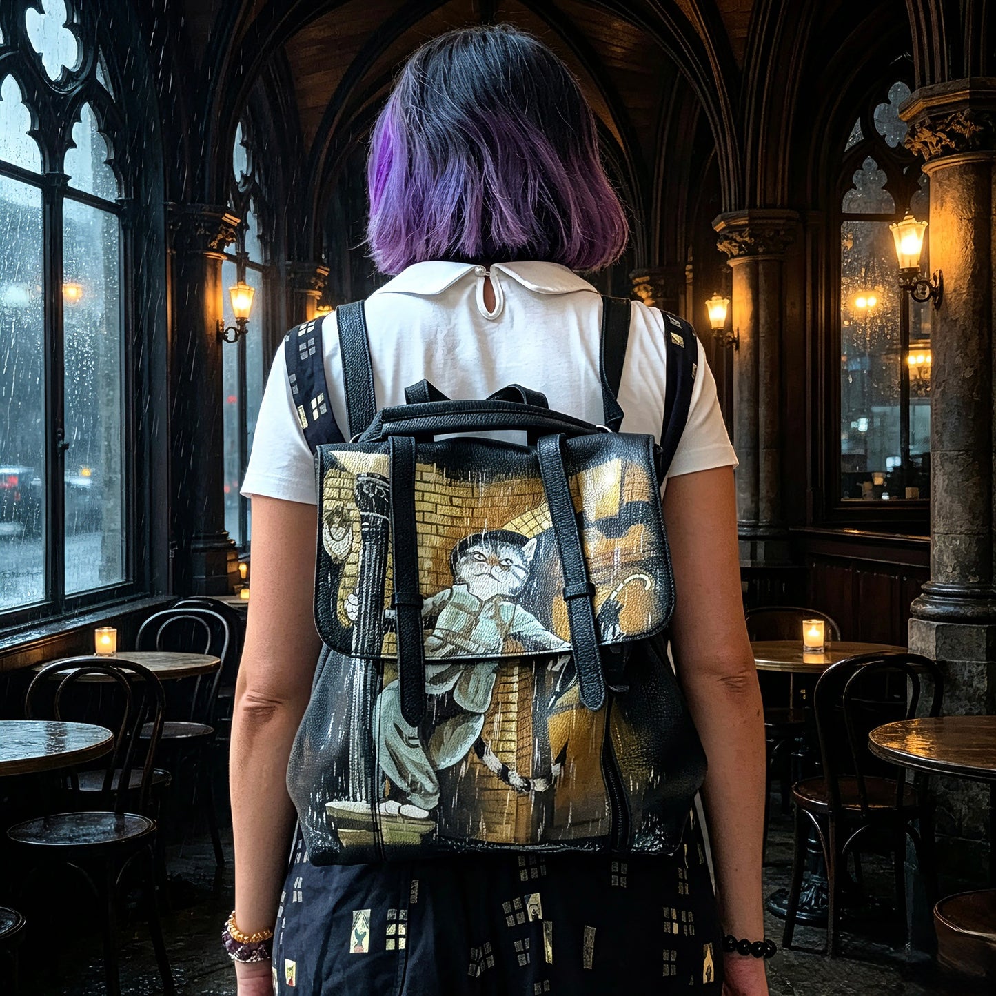 Cat under rainy days hand painted backpack/ bag
