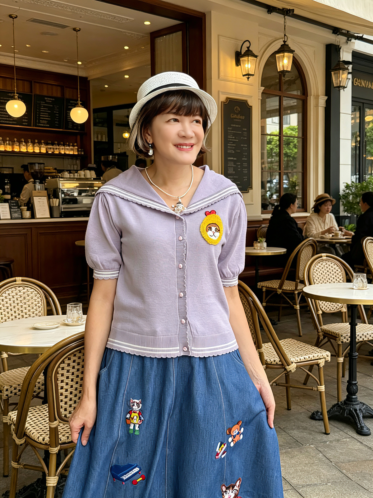 Cat embroidery sailor sweater / cardigan