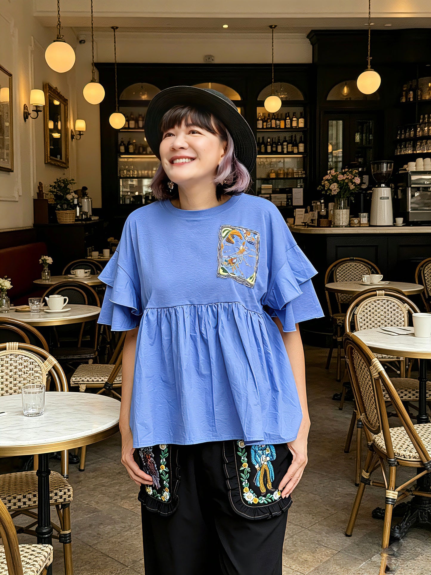 Folk art cat Hand embroidery top