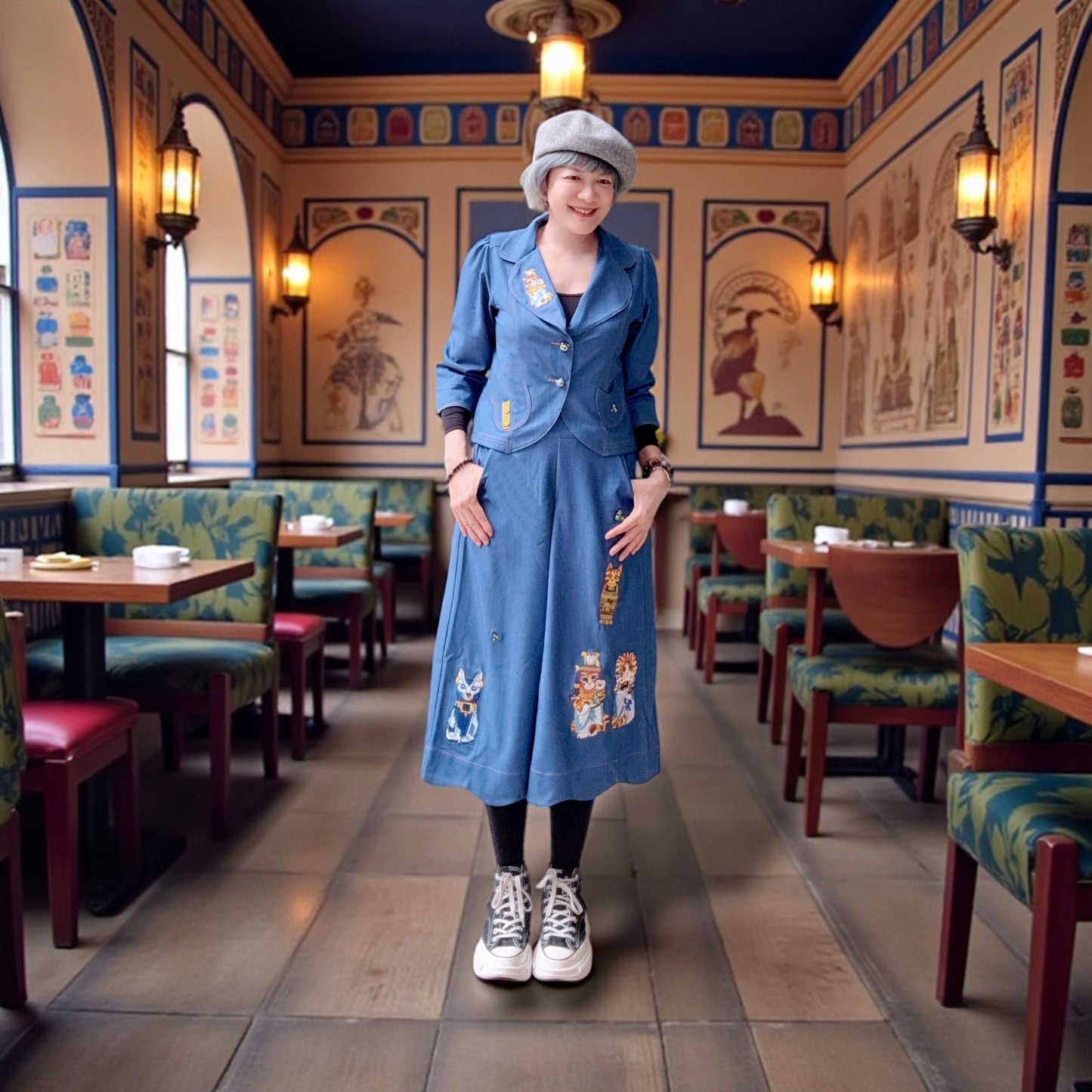 Egyptian cats embroidery skirt pants