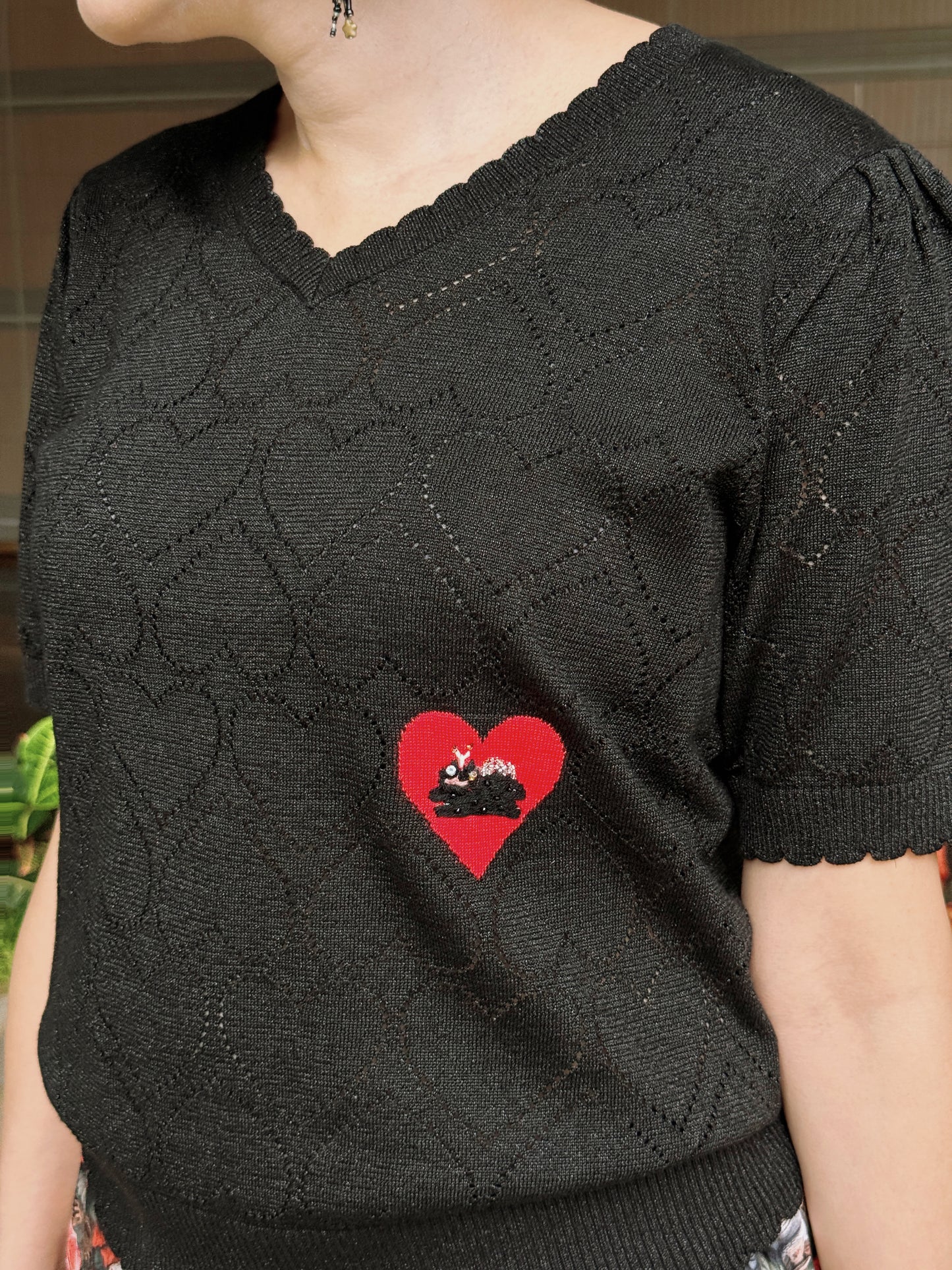 Cotton lurex pointelle cat embroidery sweater