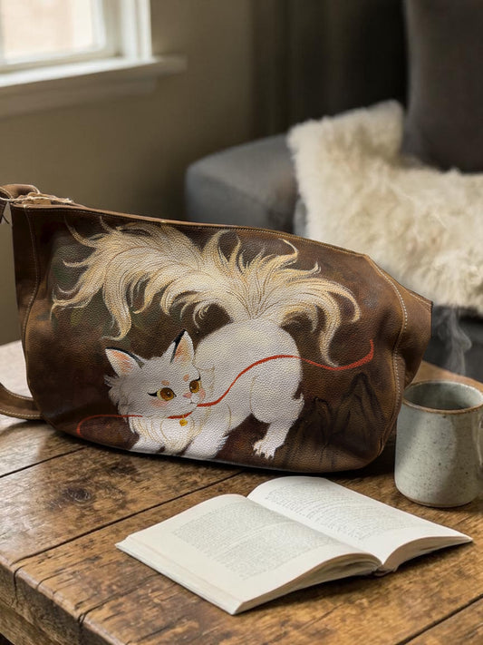 Japanese cat hand painted leather bag