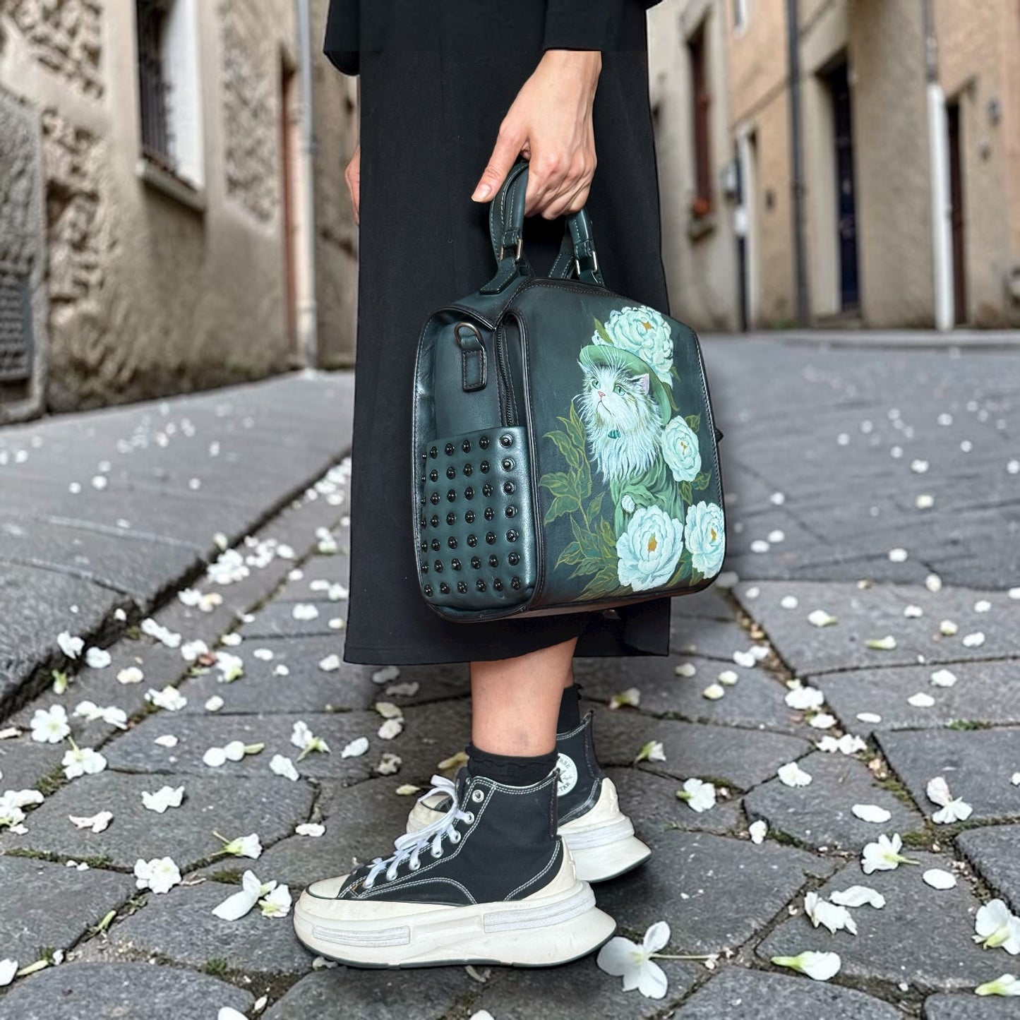 Hand painted cats and flowers leather bag