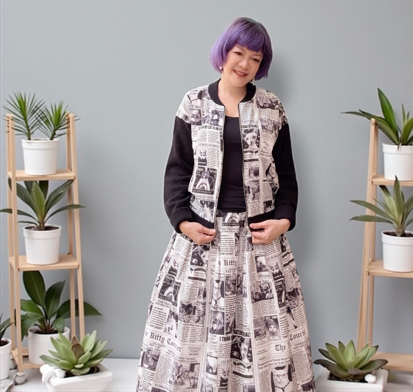 Cat newspaper and pointelle cardigan