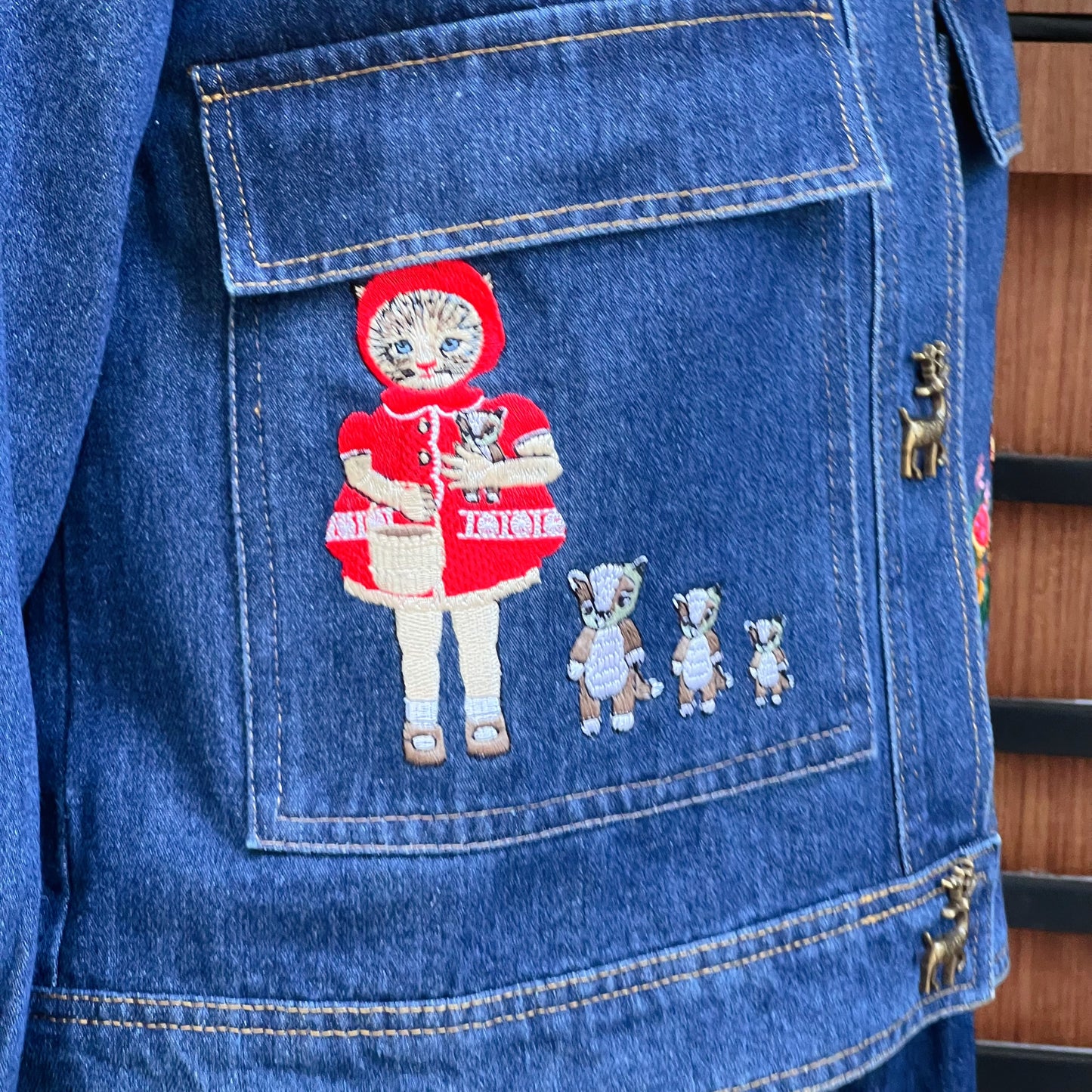 Cat little red riding hood and mushroom house denim jacket