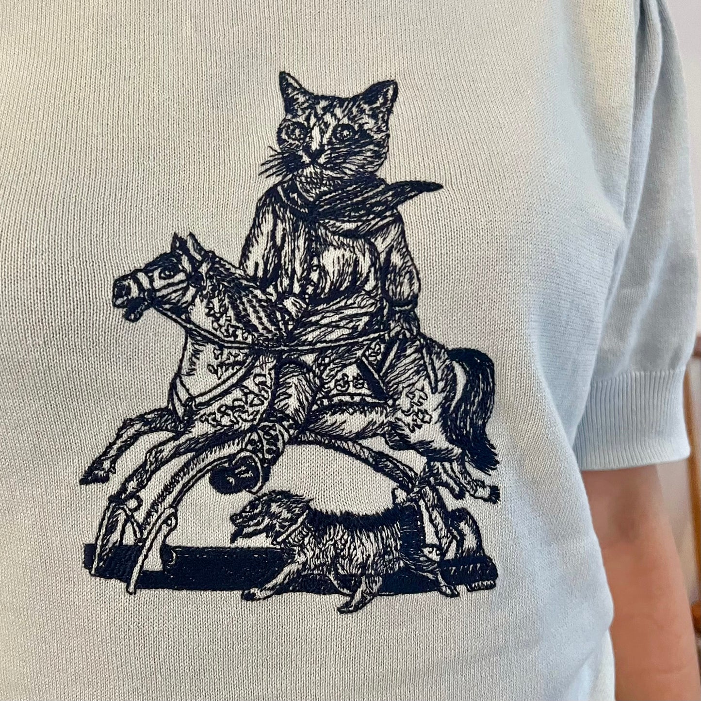 Cat riding wooden horse sweater