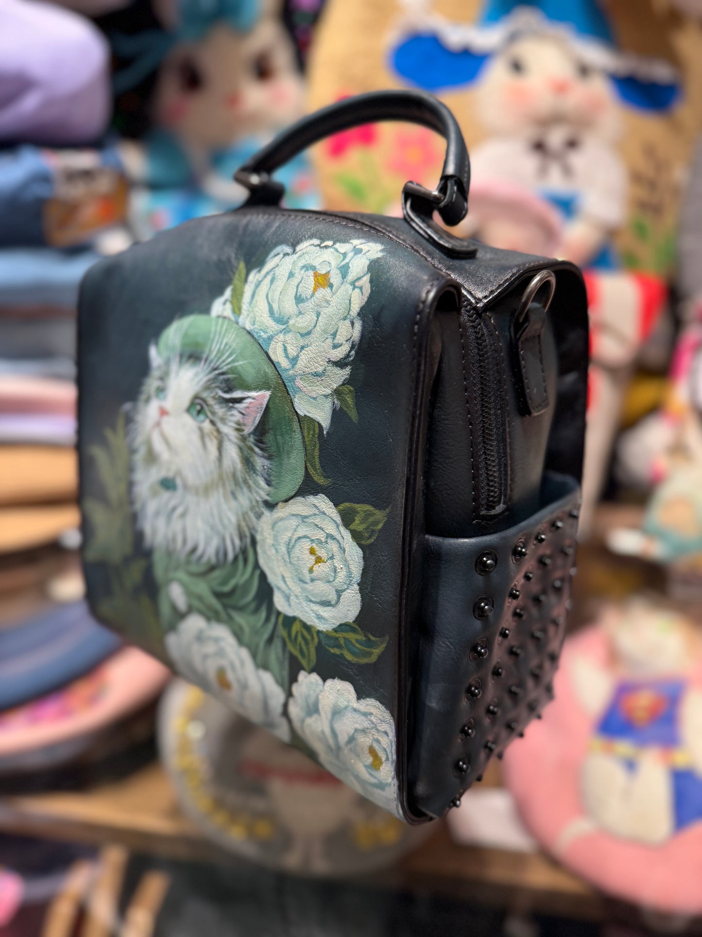 Hand painted cats and flowers leather bag