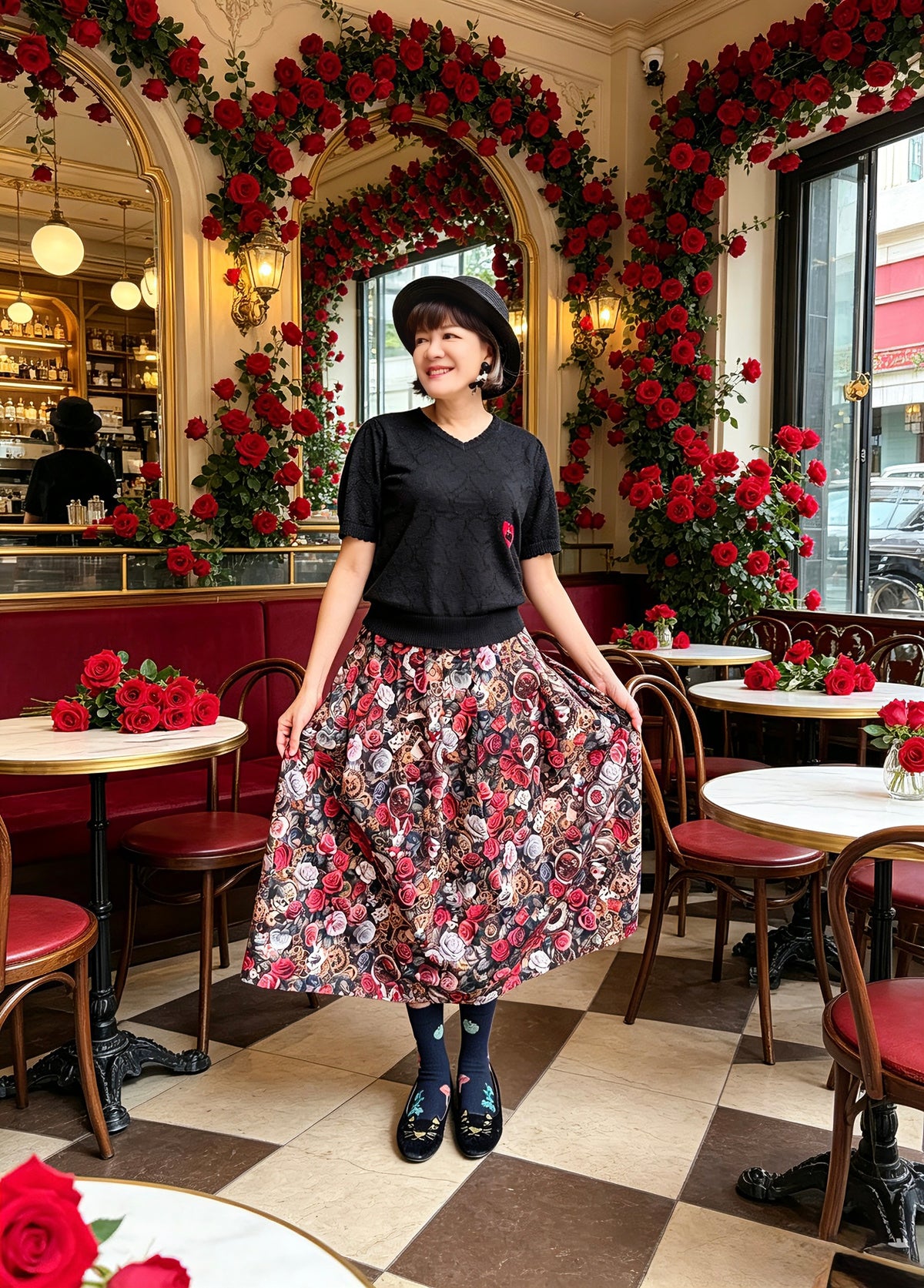 Cotton lurex pointelle cat embroidery sweater
