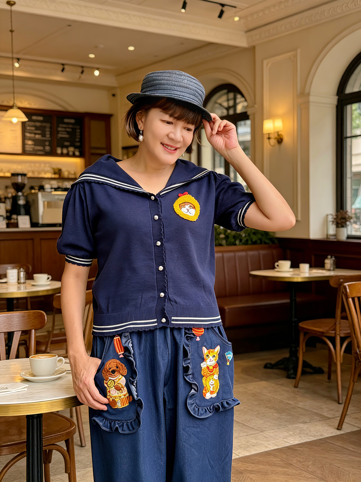 Cat embroidery sailor sweater / cardigan