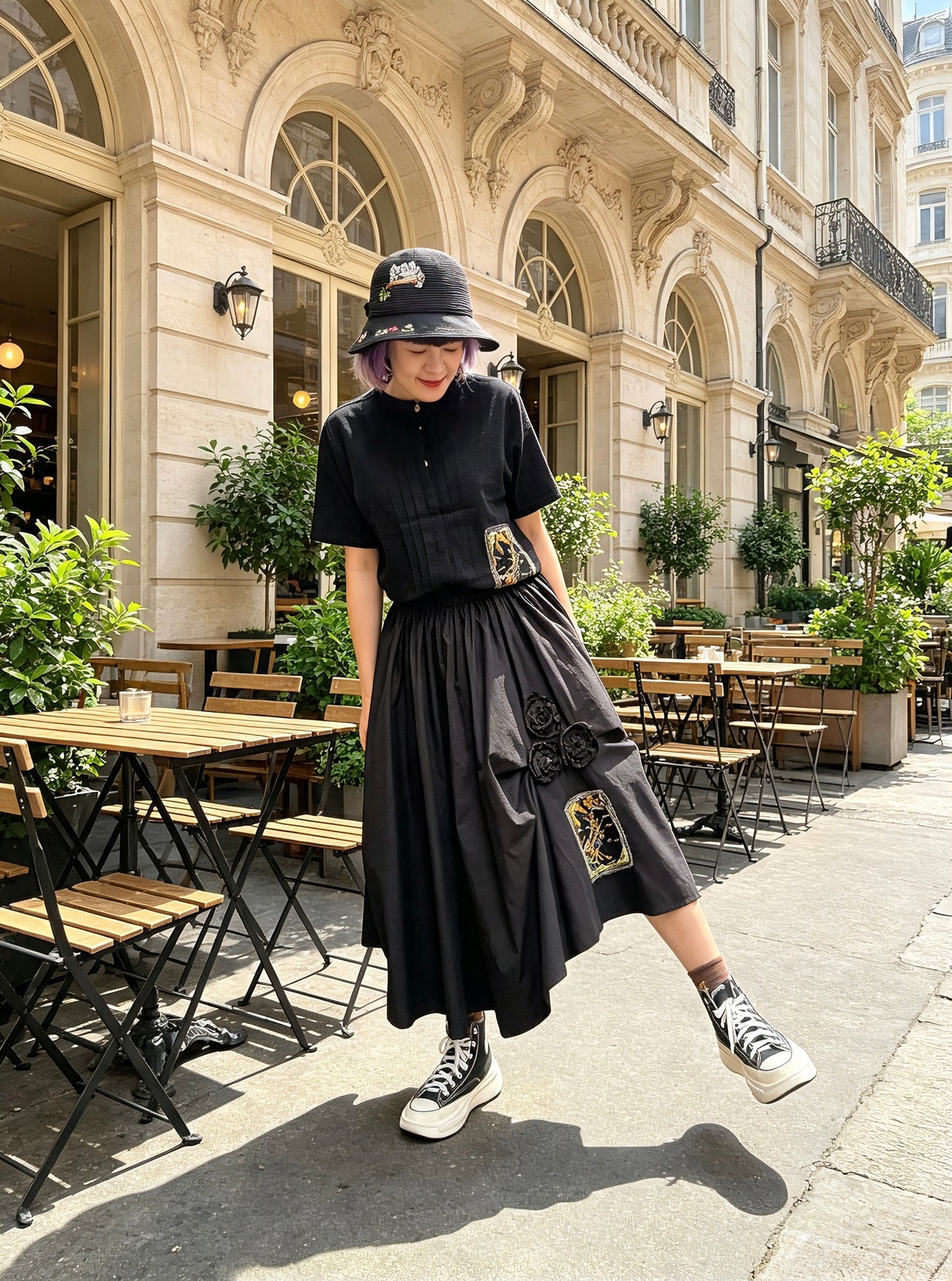 Hugging cat hand embroidery midi skirt