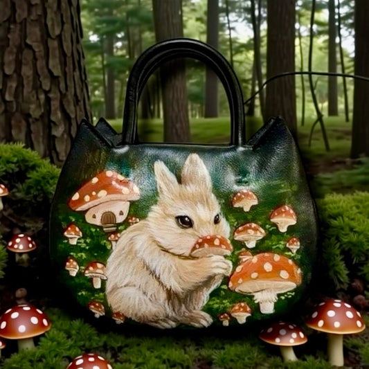 Rabbit in mushroom forest leather bag
