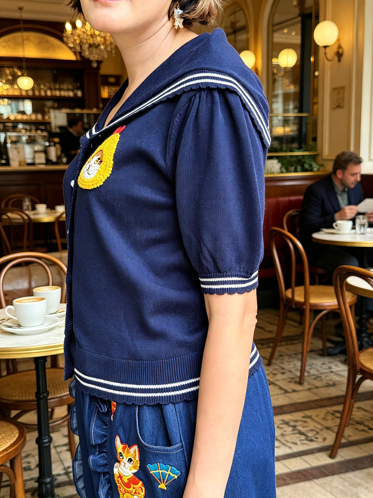 Cat embroidery sailor sweater / cardigan