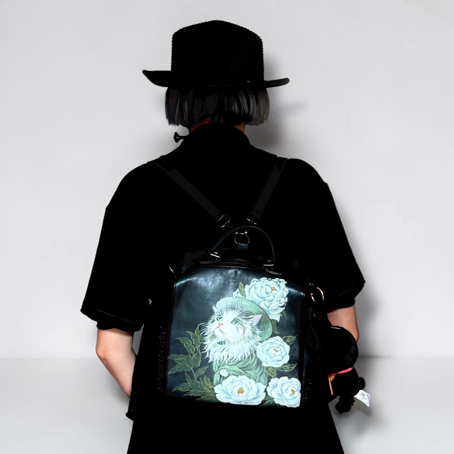 Hand painted cats and flowers leather bag