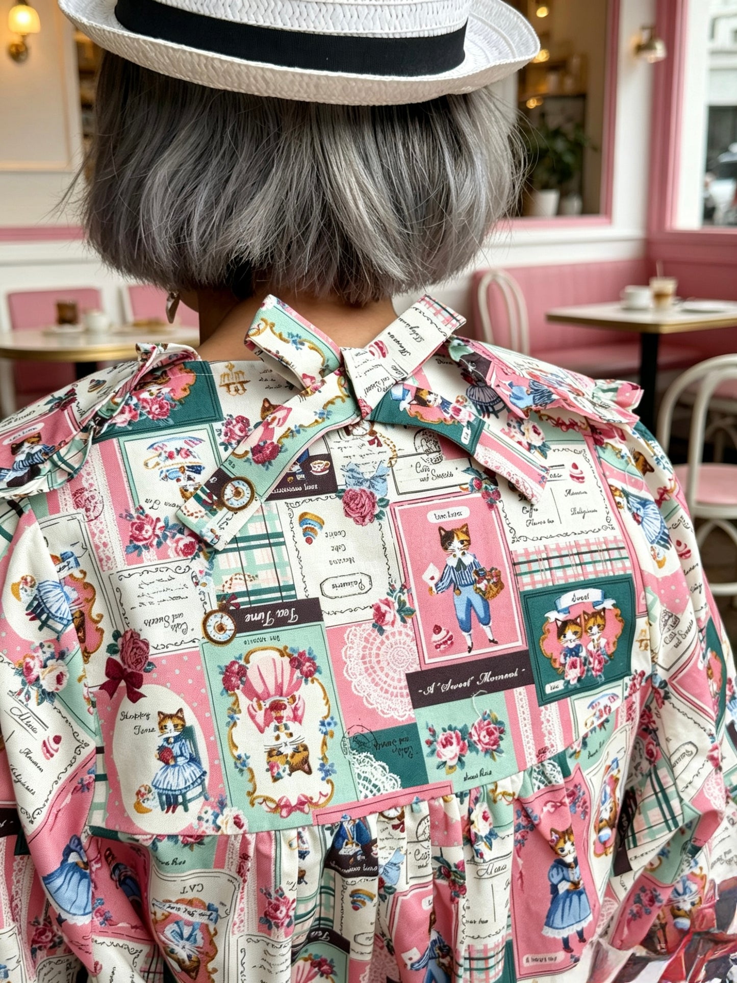 Cat patch pattern dolly neck top