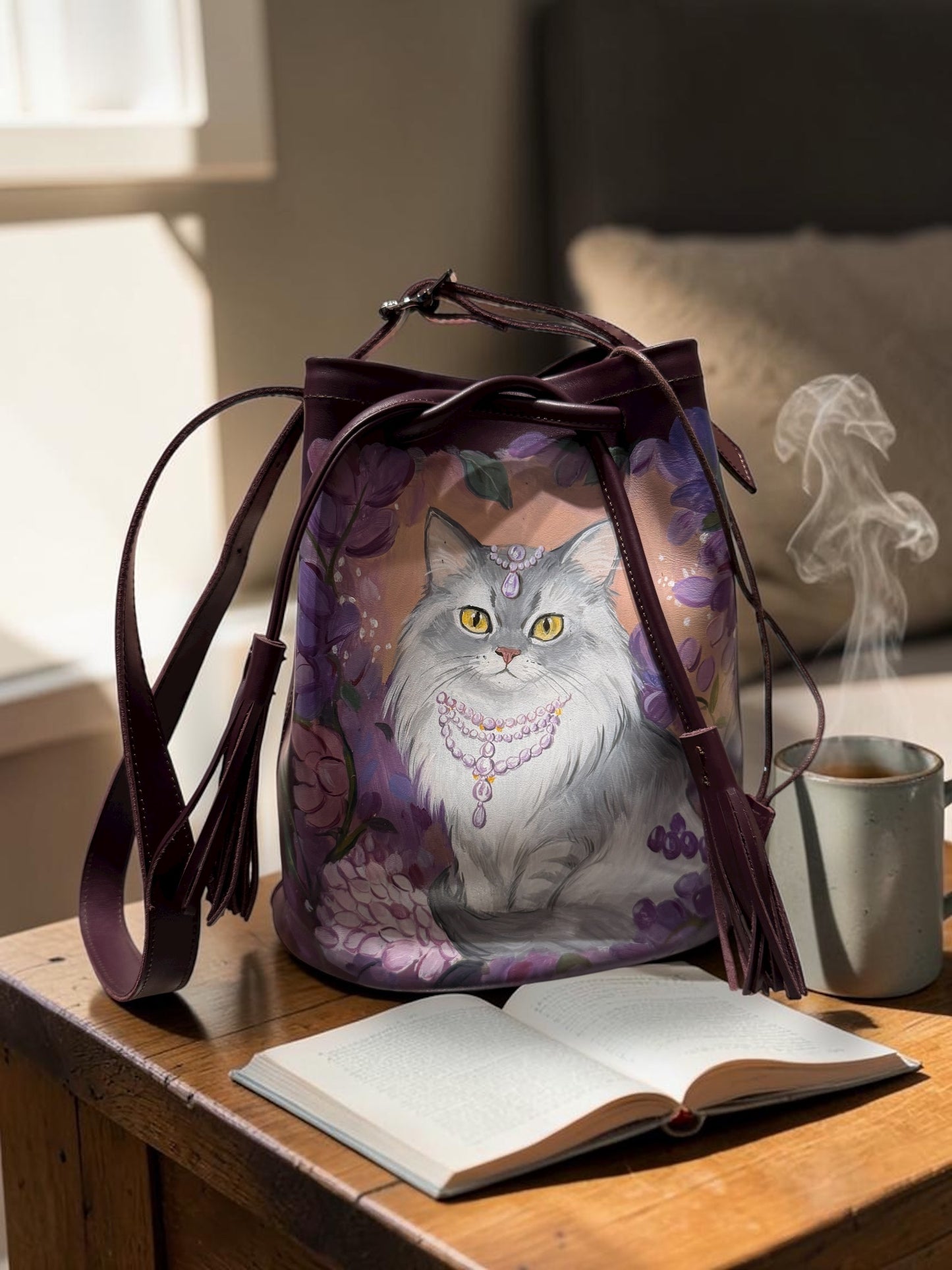 Purple cat flowers and cat leather bag