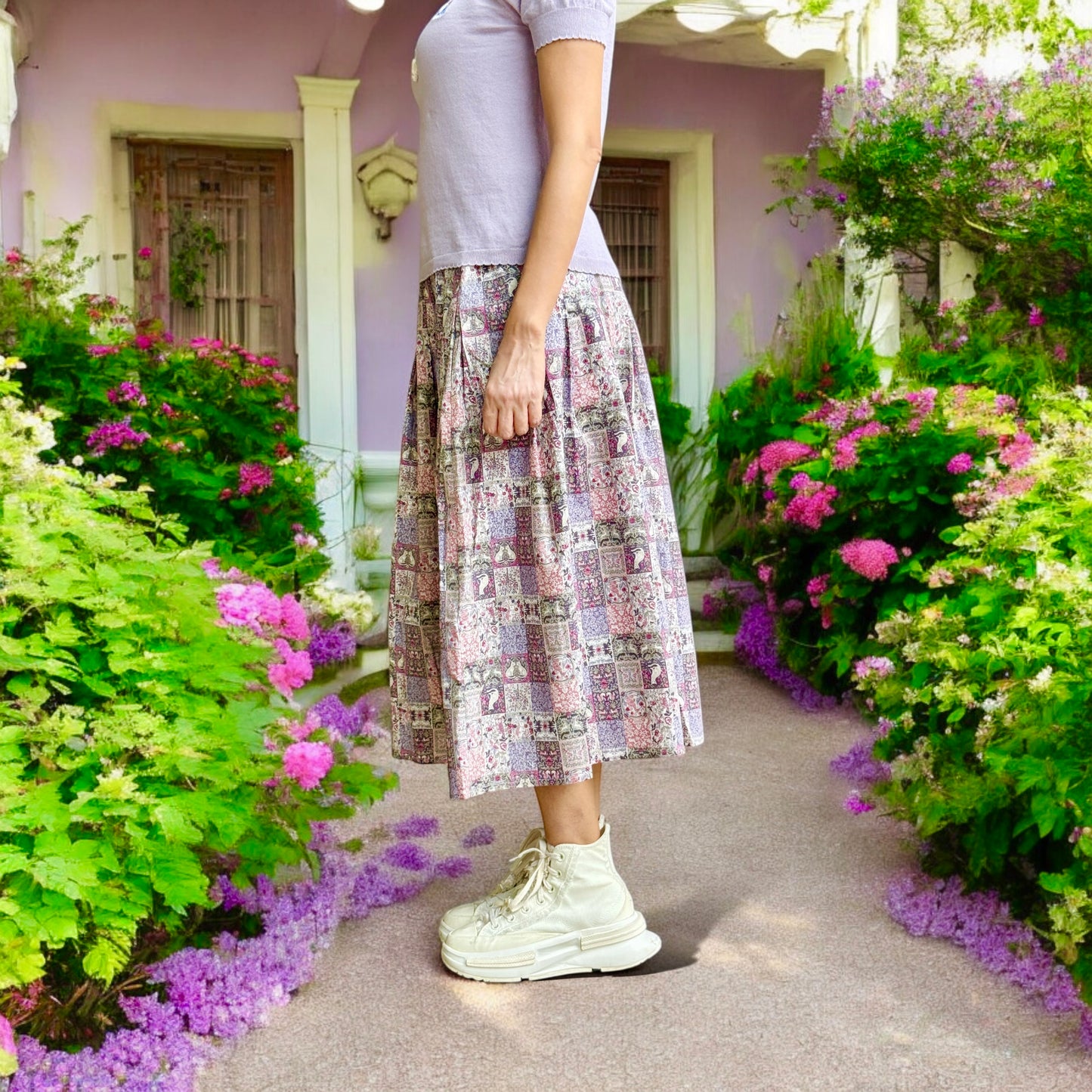 Gardening animals pattern midi skirt (purple )