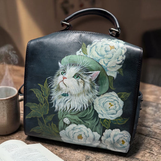 Hand painted cats and flowers leather bag