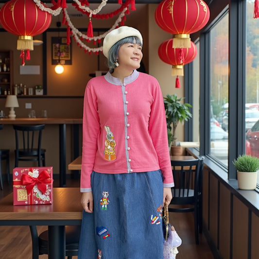 Lucky animal embroidery sweater （pink)