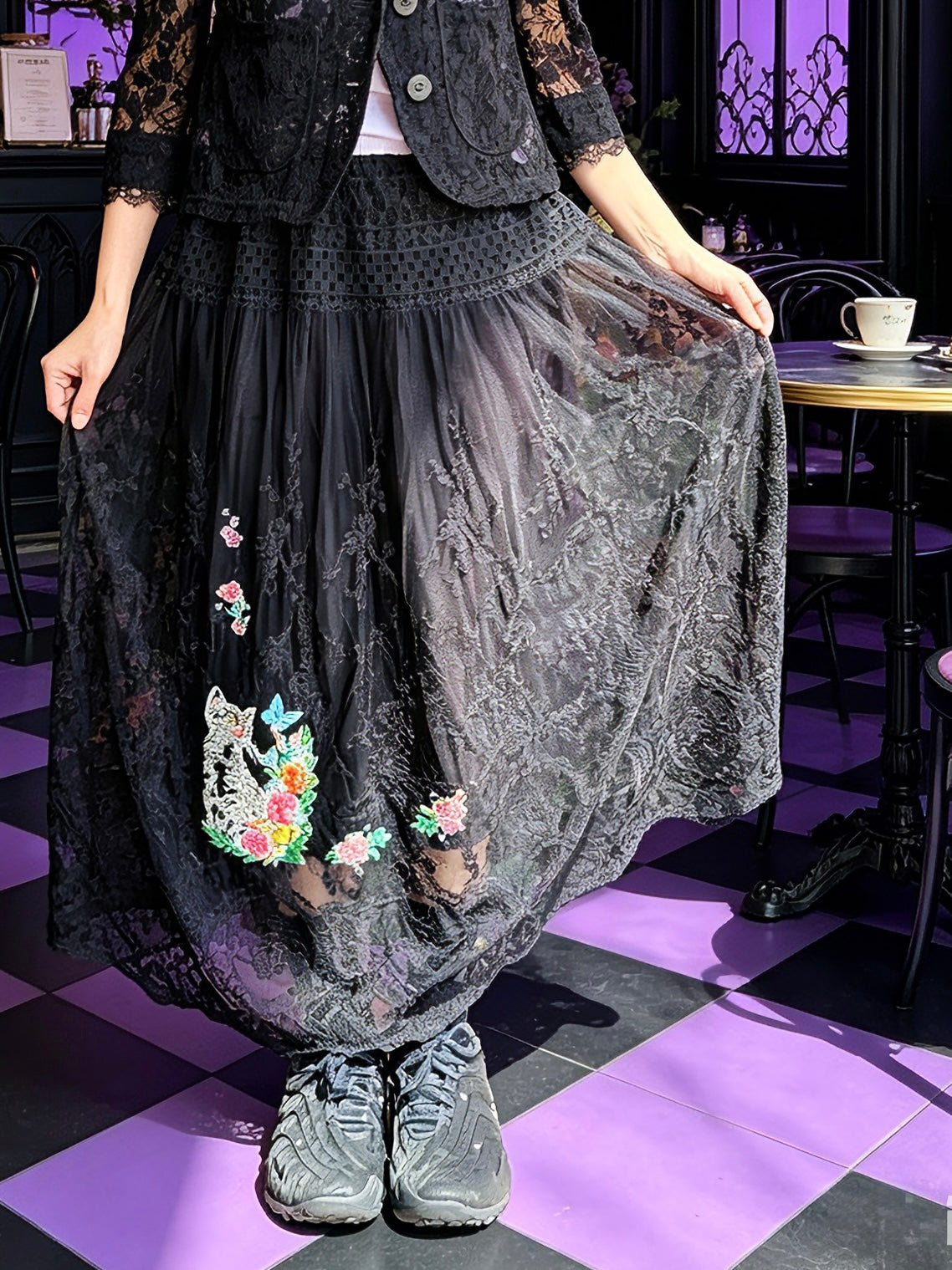 Embroidery and hand painted lace skirt