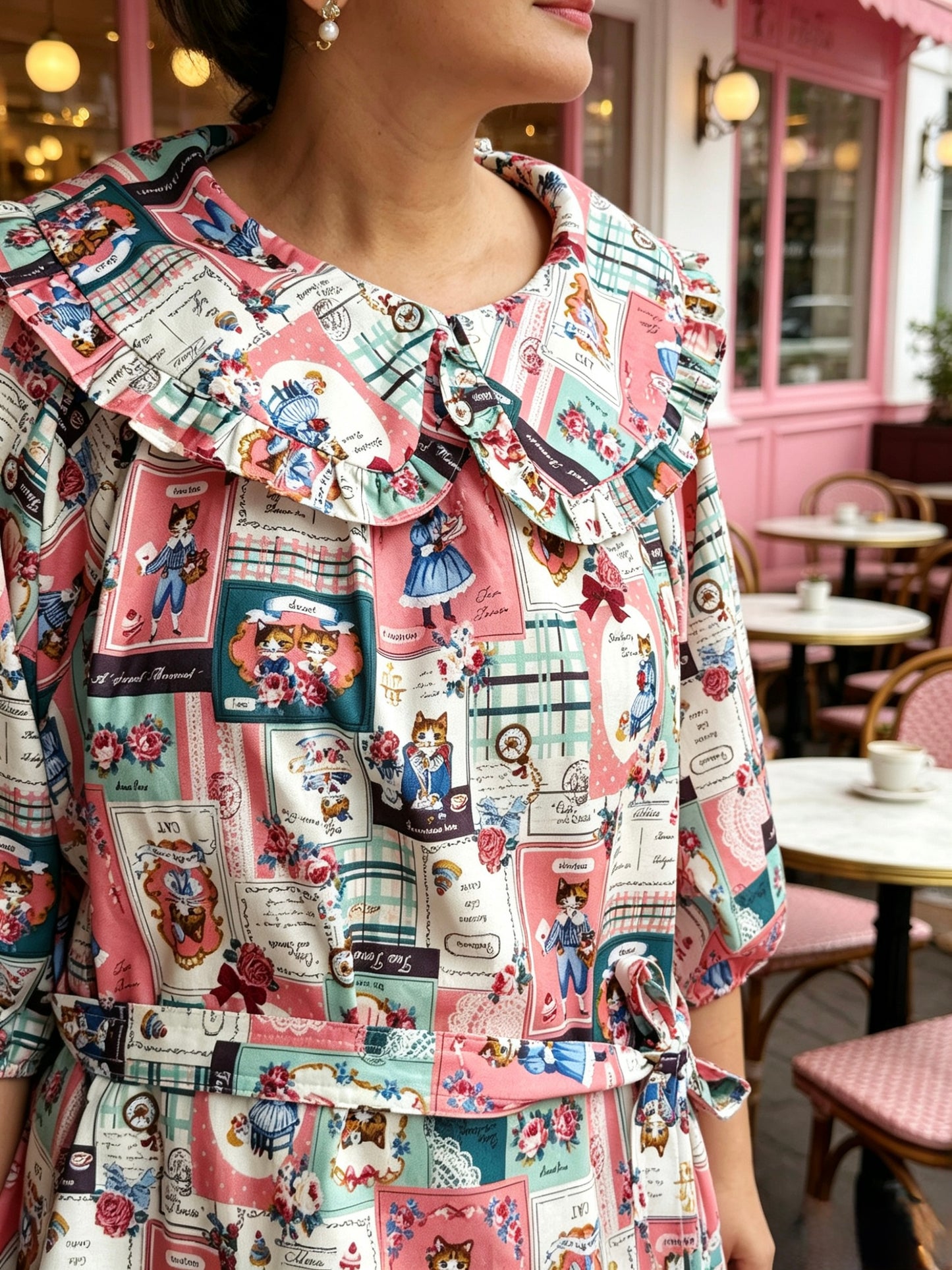 Cat patch pattern dolly neck top