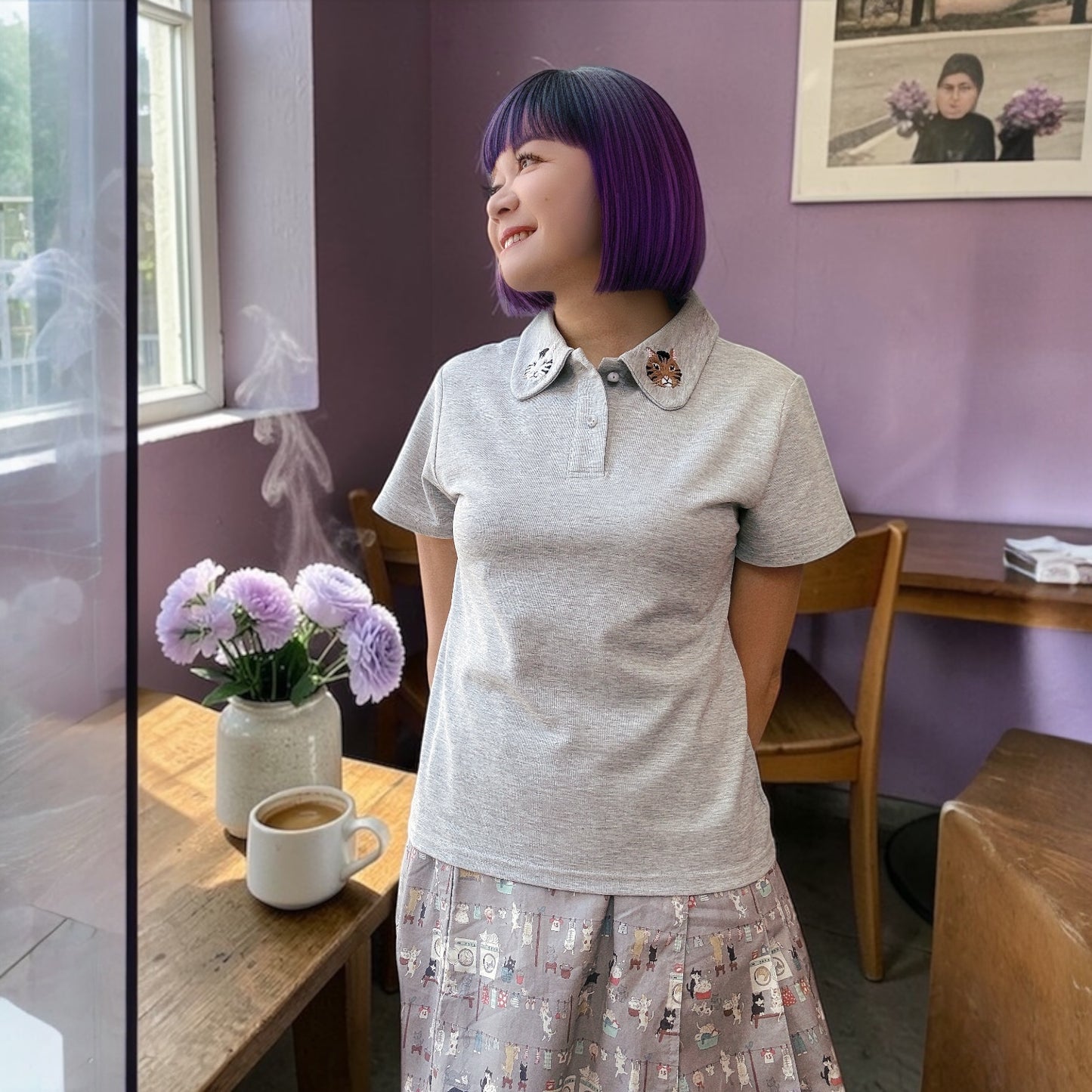 Cat beading and embroidery polo shirt