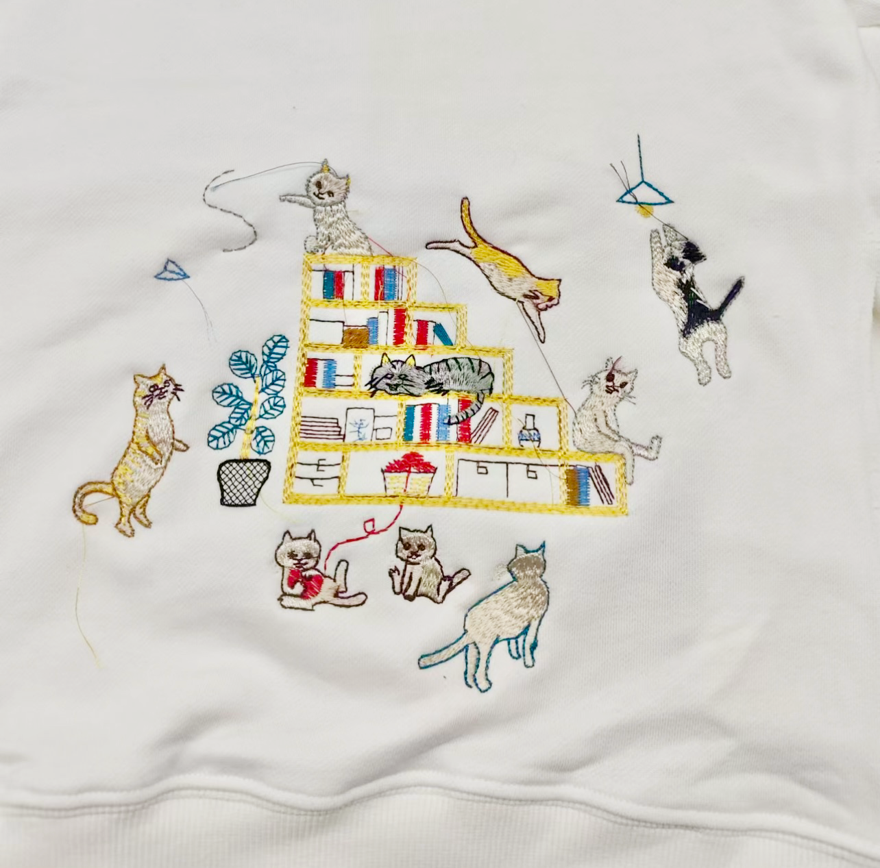 Cats and bookshelves embroidery sweatshirt