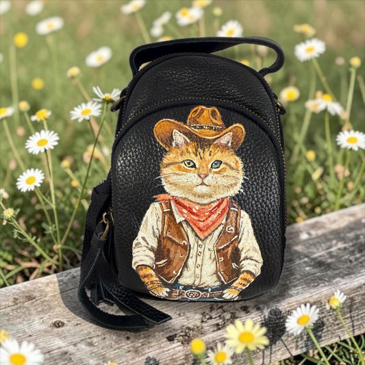 Cowing cat hand painting bag