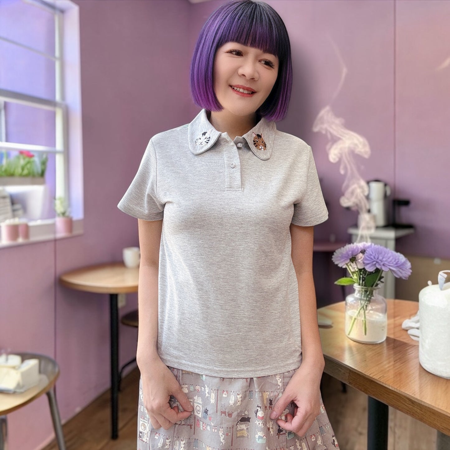 Cat beading and embroidery polo shirt
