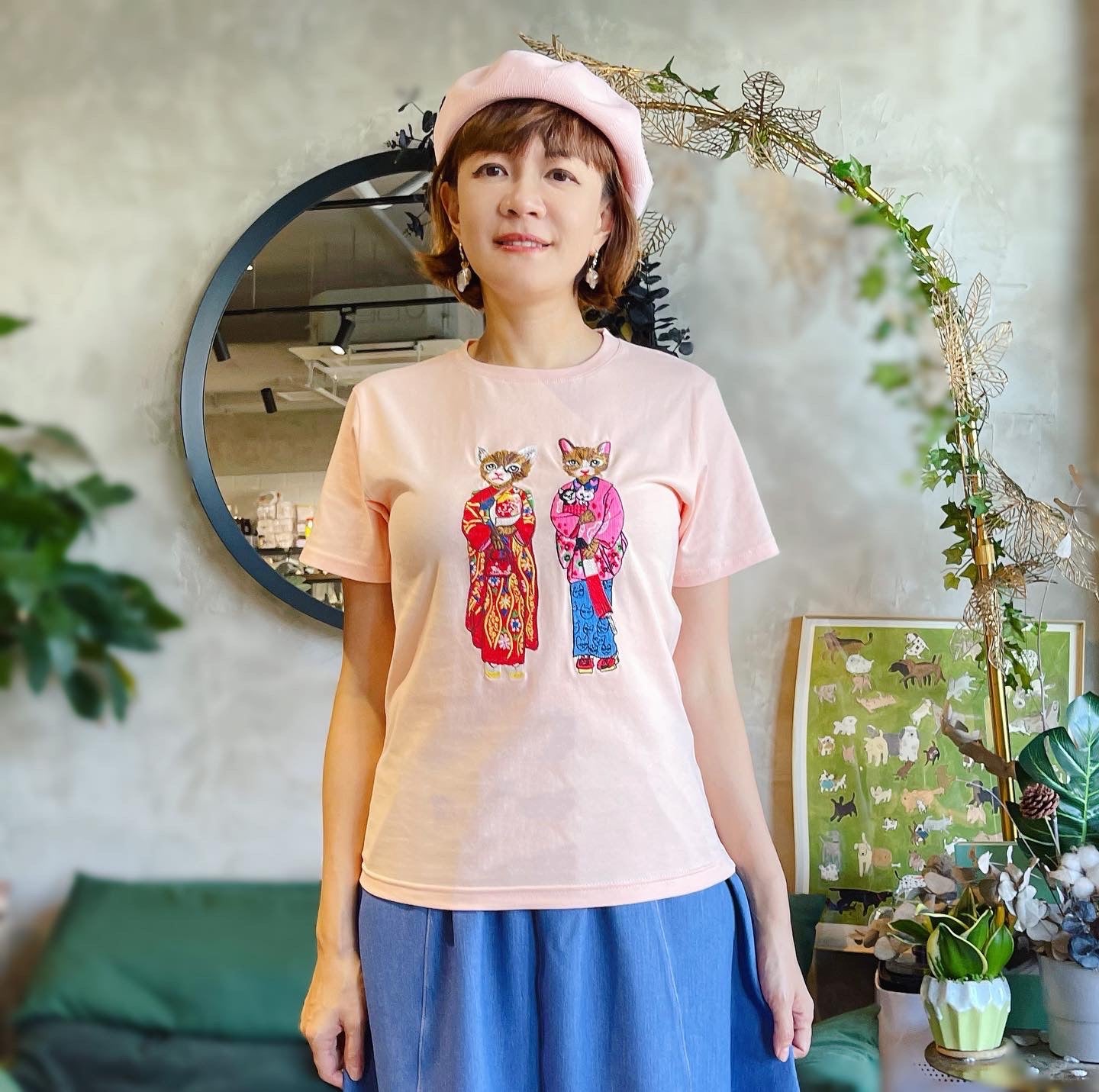 Kimono Cat Embroidery T Shirt