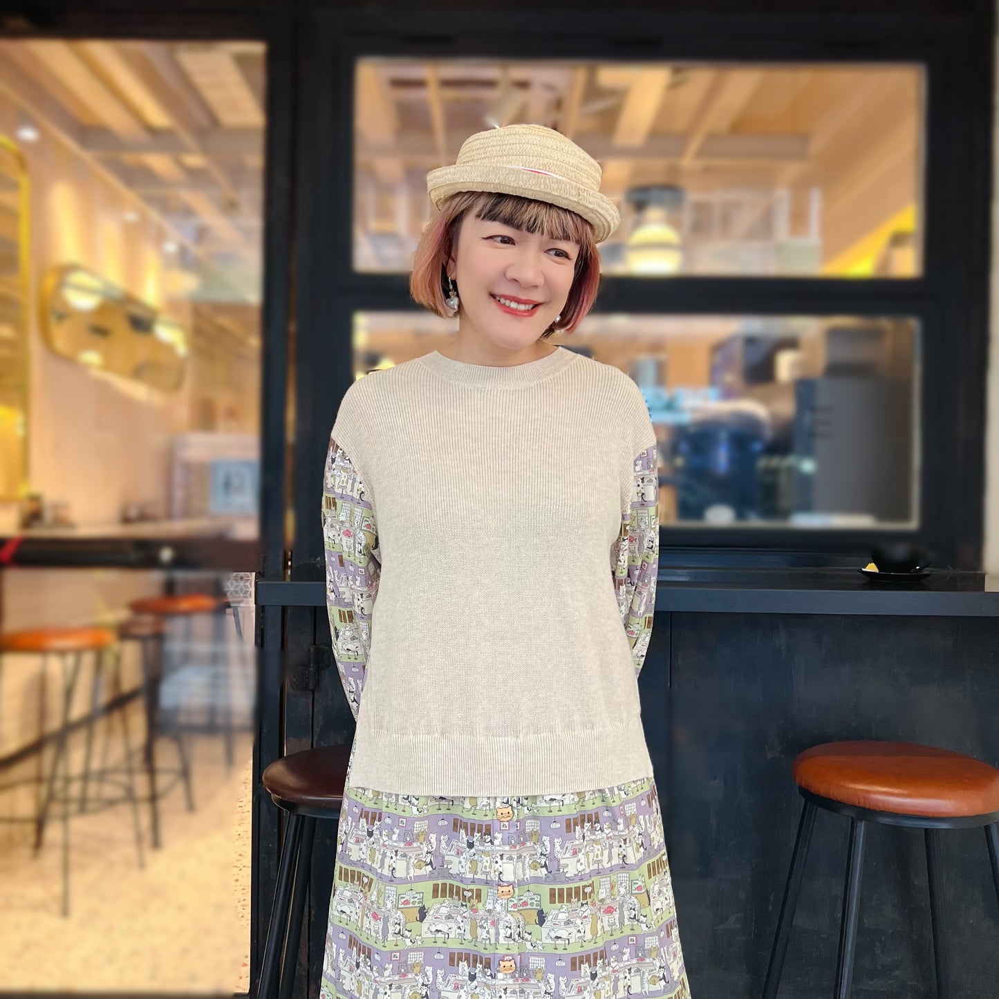Sushi shop cat knit fabric dress